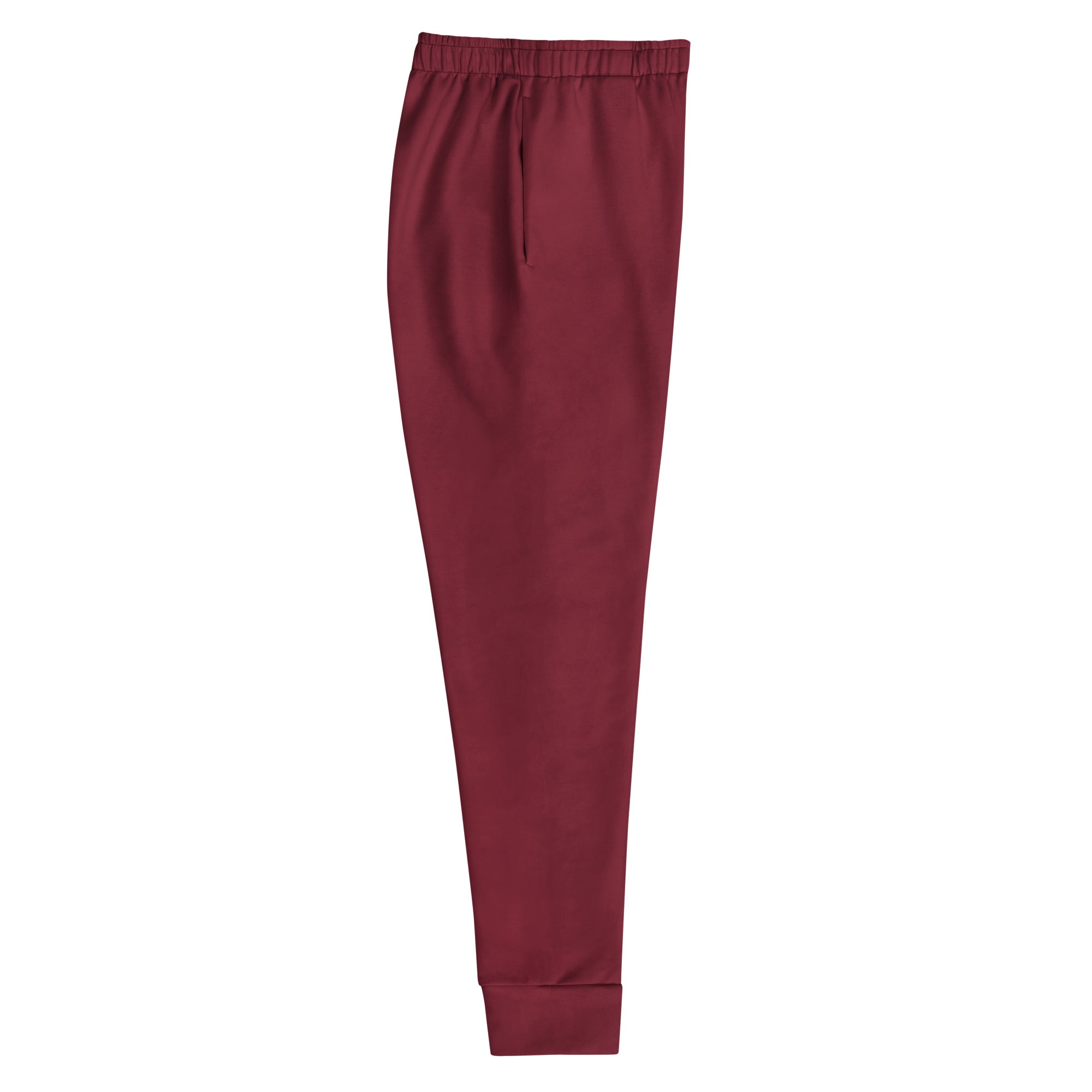 Women’s burgundy slim-fit jogger pants with elastic waistband ribbed cuffs and cozy brushed inside fleece lining