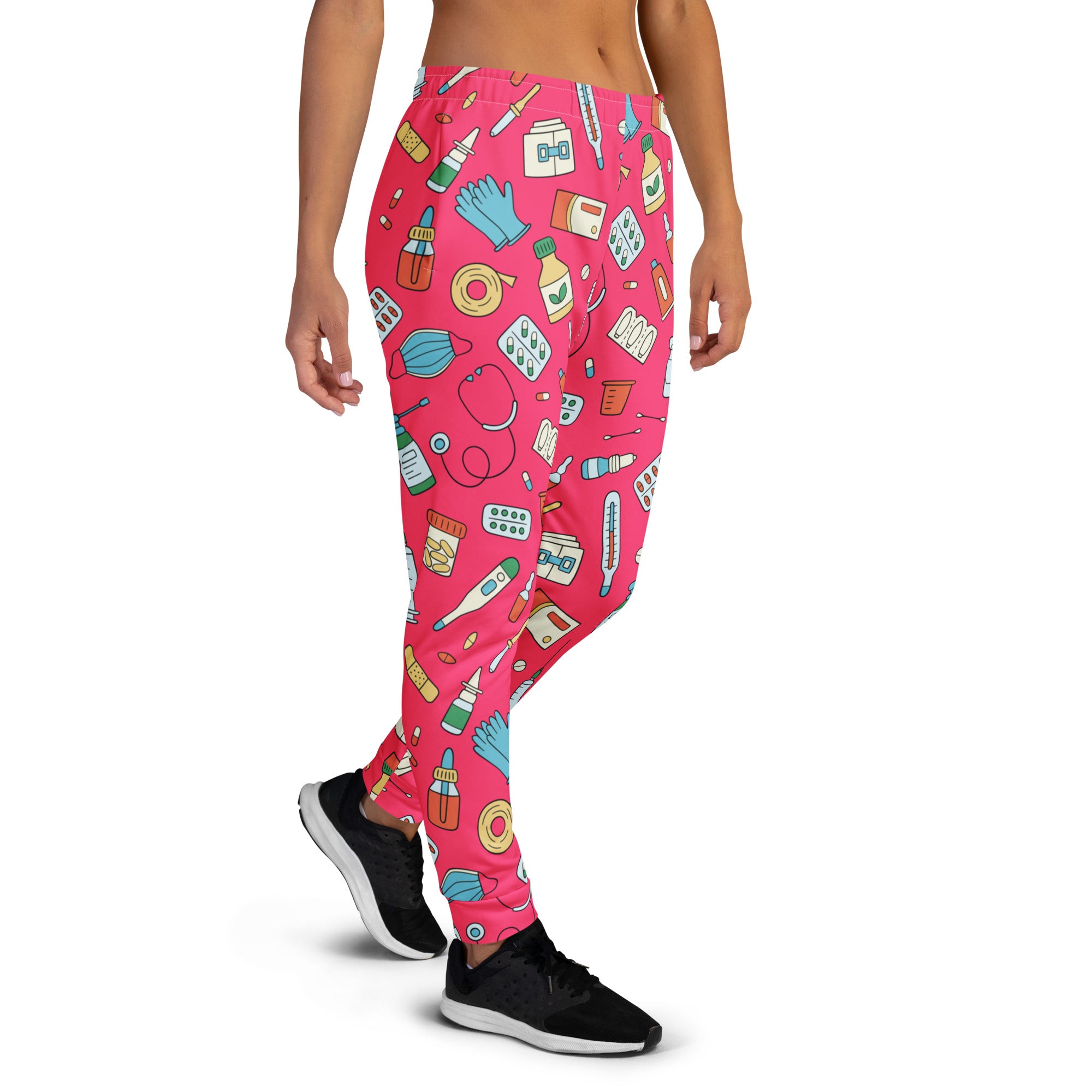 Women’s bright pink medical print recycled jogger pants with pockets and cozy brushed inside fleece lining