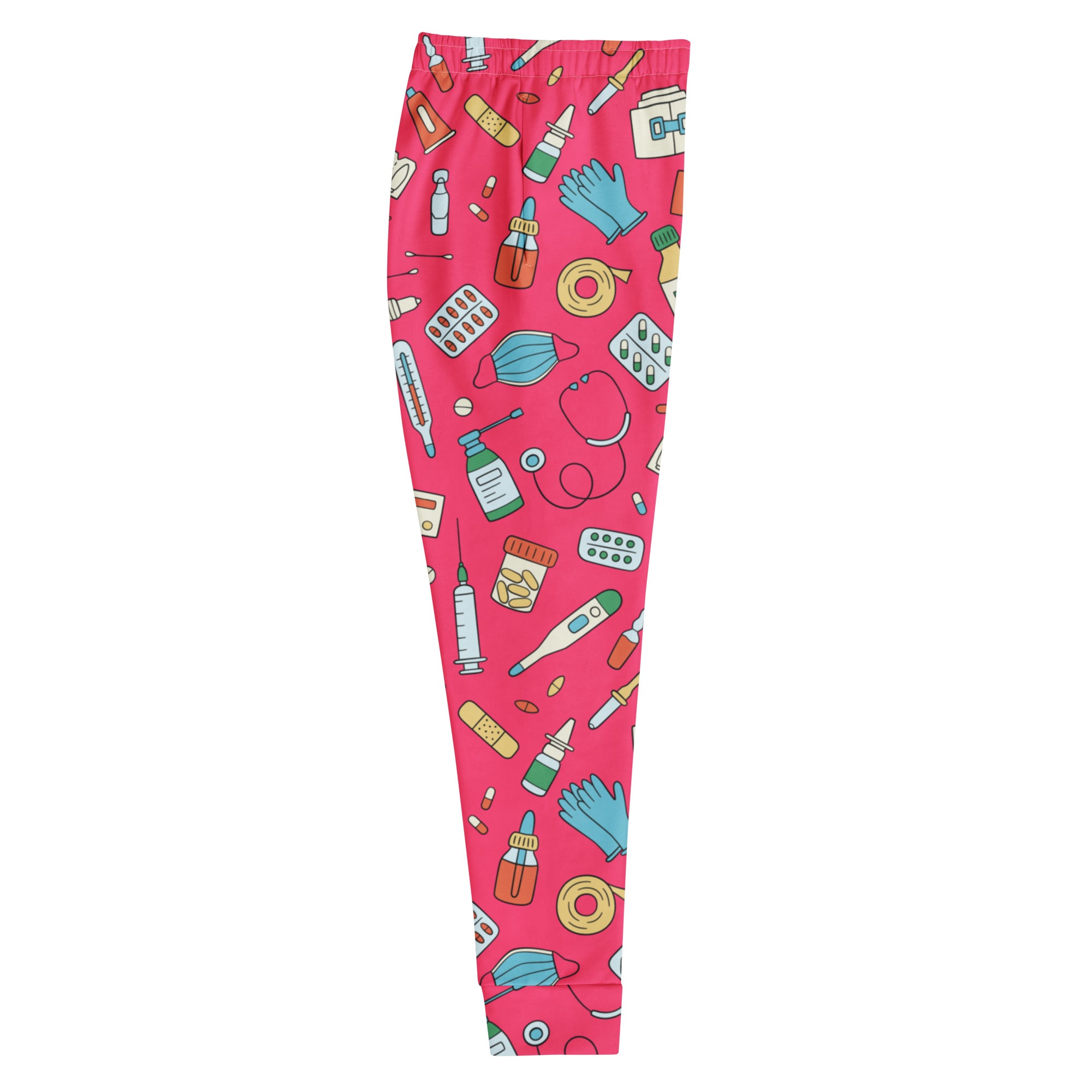 Women’s pink medical print recycled jogger pants with colorful cartoon medical supplies cozy fleece inside