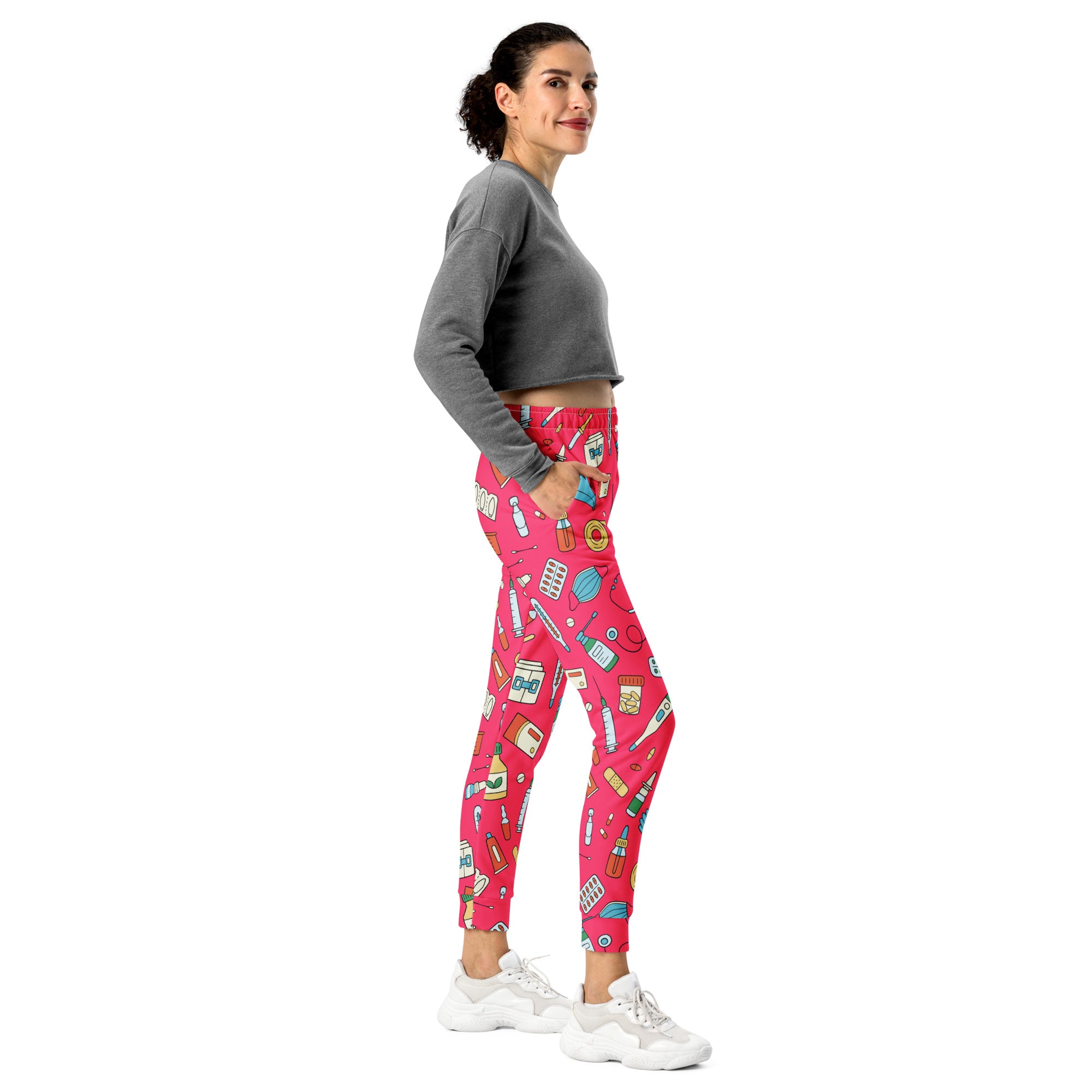 Women’s bright pink medical print recycled jogger pants with pockets and cozy brushed inside fleece lining