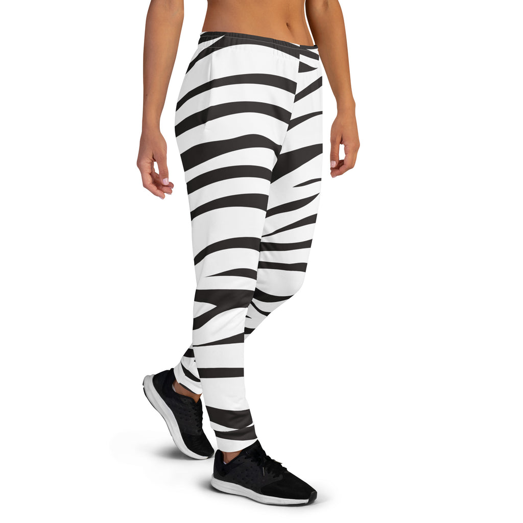 Women’s zebra print recycled jogger pants with pockets in black and white featuring cozy brushed inside fleece