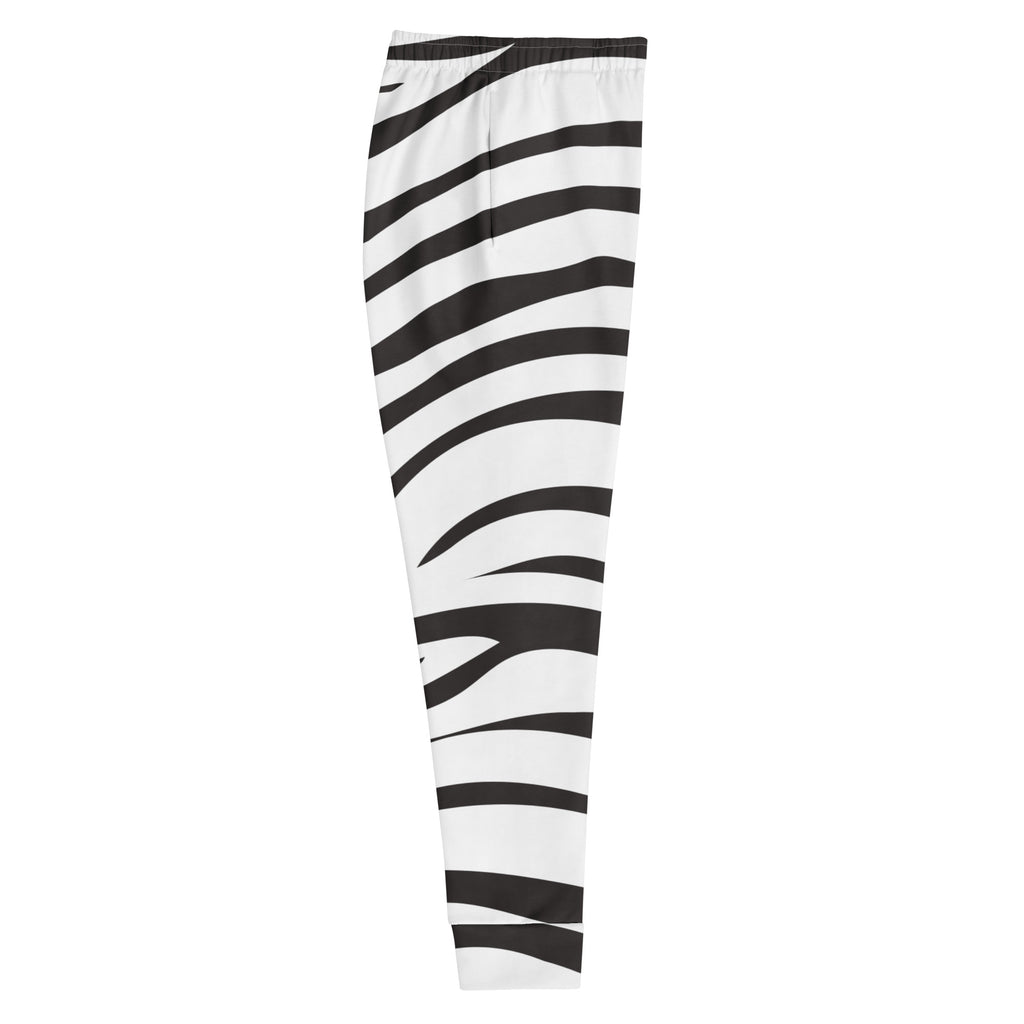Women’s zebra print recycled jogger pants with pockets showing snug fit and cozy brushed inside fleece lining
