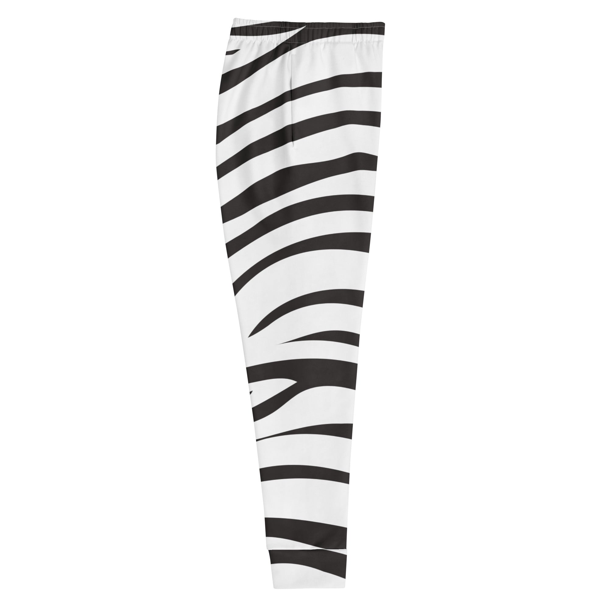 Women’s zebra print recycled jogger pants with pockets showing snug fit and cozy brushed inside fleece lining