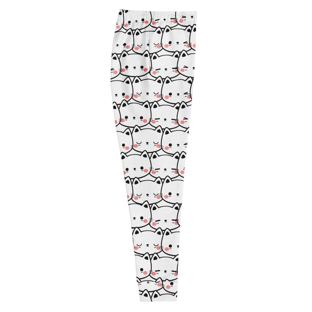 Women’s white recycled jogger pants with pockets featuring black-outlined cartoon cat print and cozy brushed fleece inside