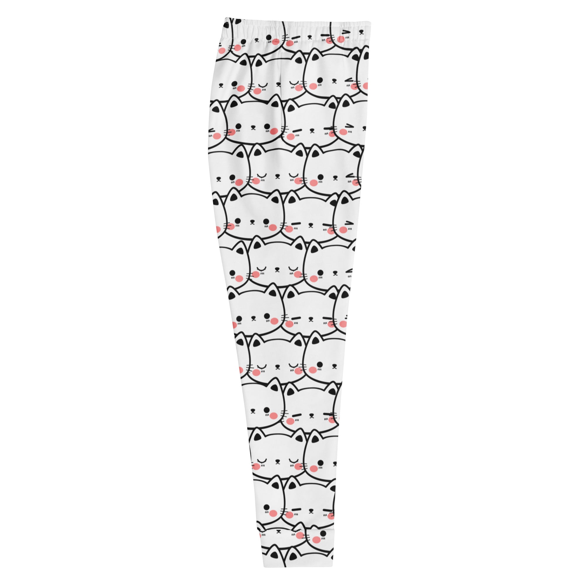 Women’s white recycled jogger pants with pockets featuring black-outlined cartoon cat print and cozy brushed fleece inside