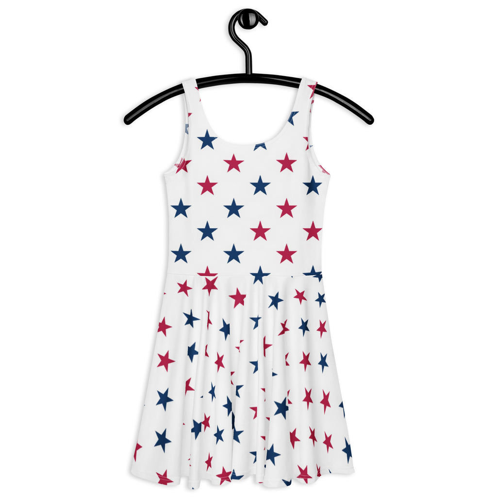 White sleeveless buttery soft skater dress with red and blue stars and upf 50 plus for women patriotic wear