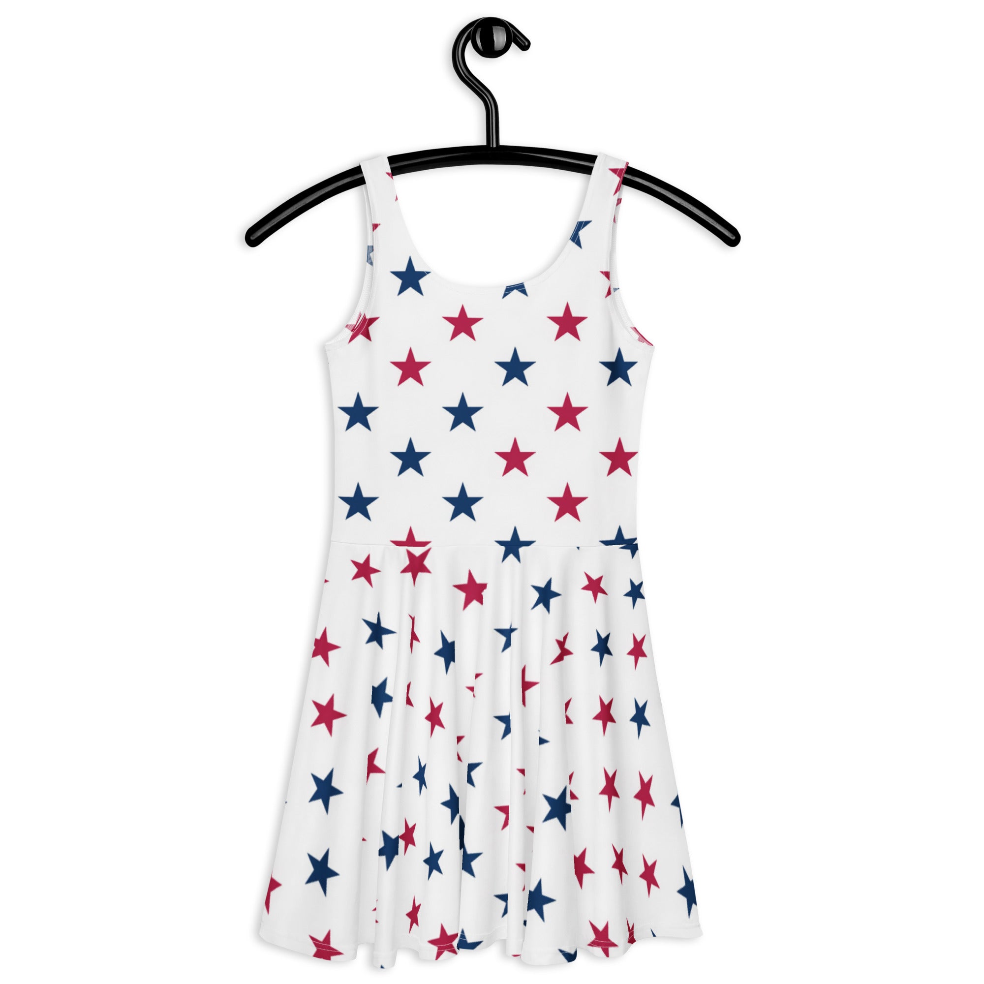 White sleeveless buttery soft skater dress with red and blue stars and upf 50 plus for women patriotic wear