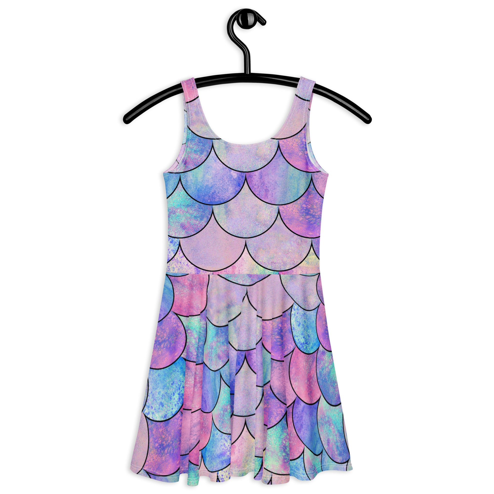 Women’s pastel mermaid scale print sleeveless skater dress in buttery soft fabric with UPF 50+ protection