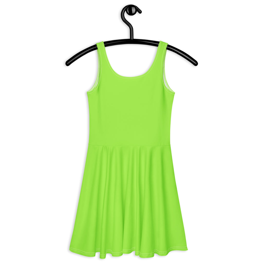 A vibrant lime green sleeveless buttery soft skater dress with a scoop neckline and pleated skirt and UPF 50+ protection