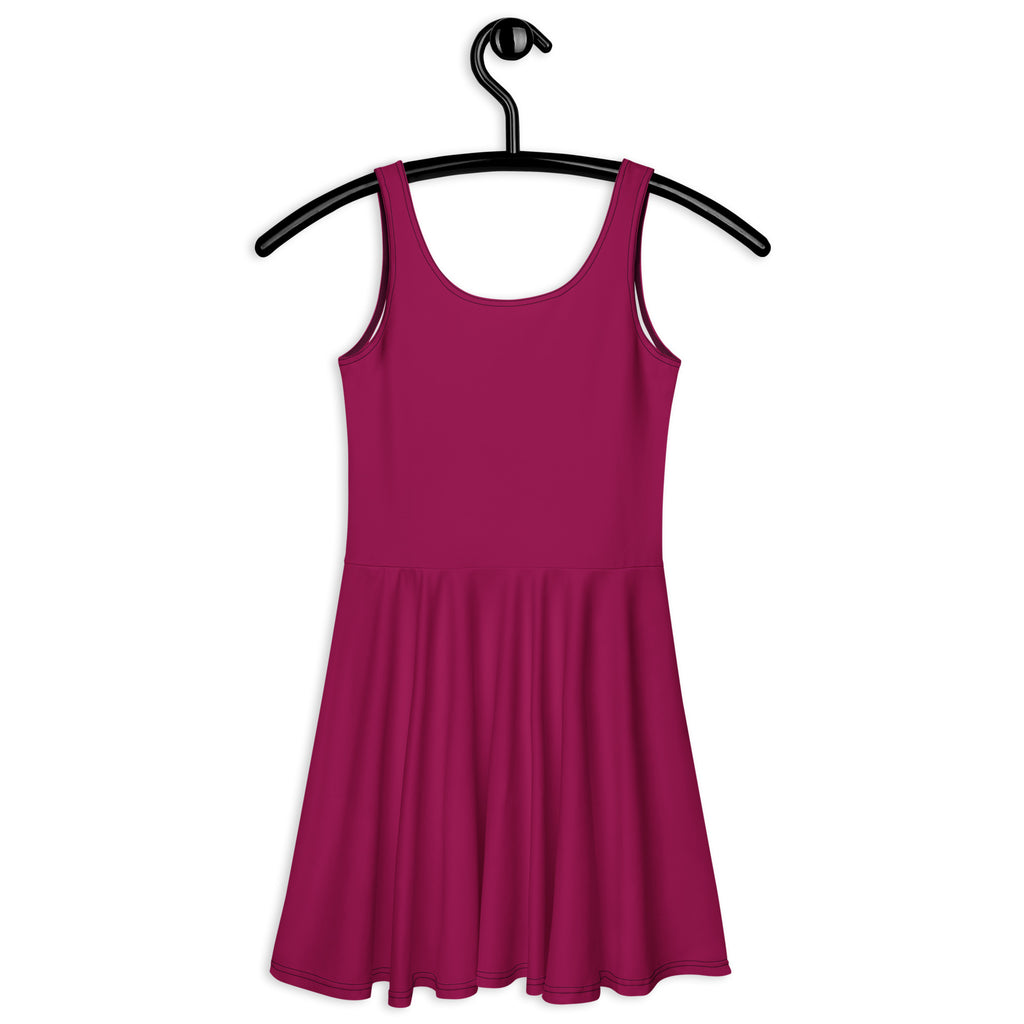 A sleeveless berry purple buttery soft skater dress with upf 50 plus and a flared skirt hanging on a black hanger