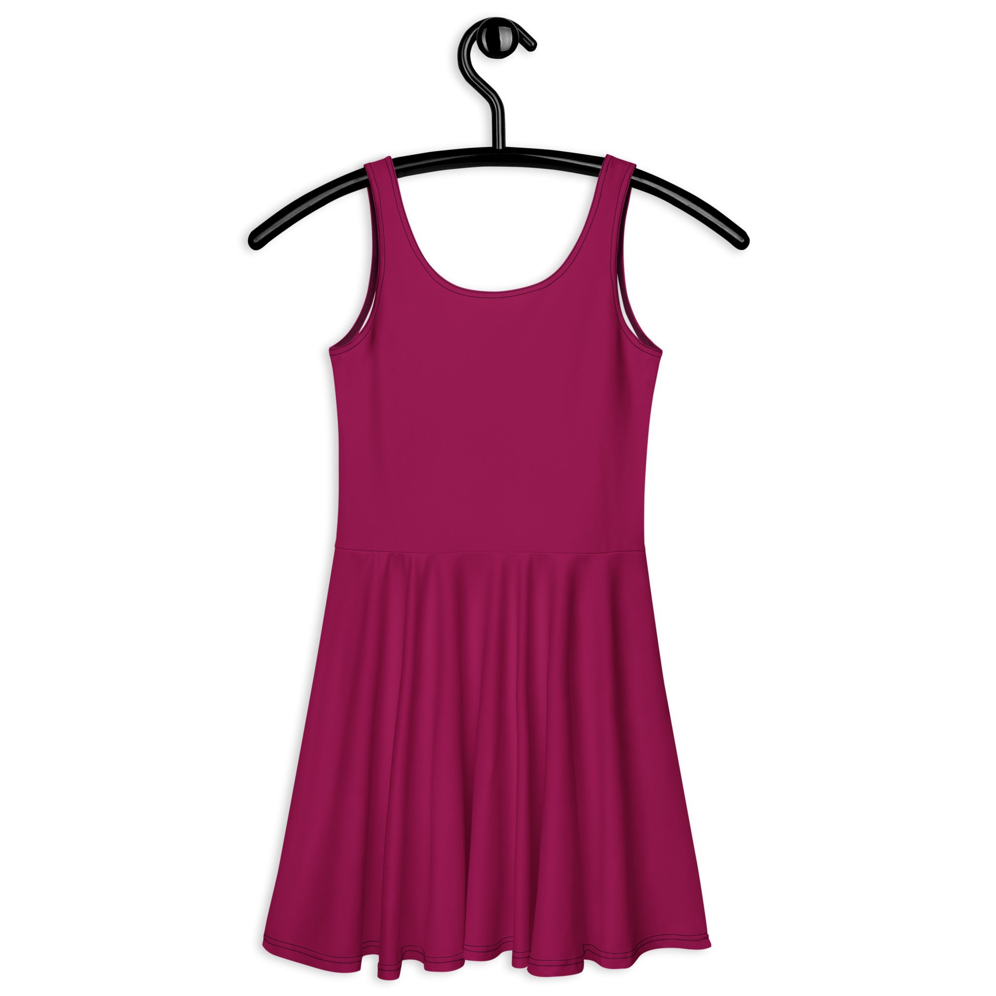 A sleeveless berry purple buttery soft skater dress with upf 50 plus and a flared skirt hanging on a black hanger