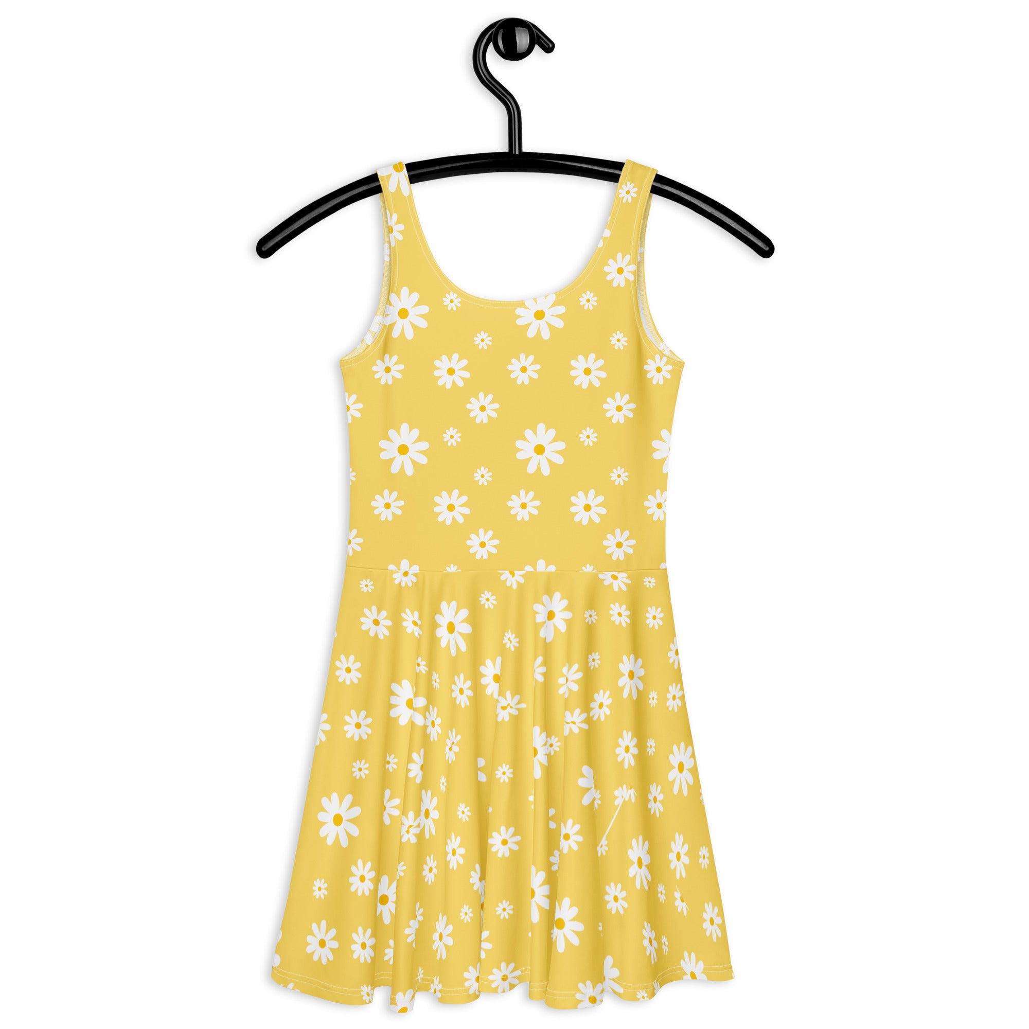 Women’s yellow sleeveless daisy skater dress with buttery soft fabric and upf 50 plus hanging on black hanger