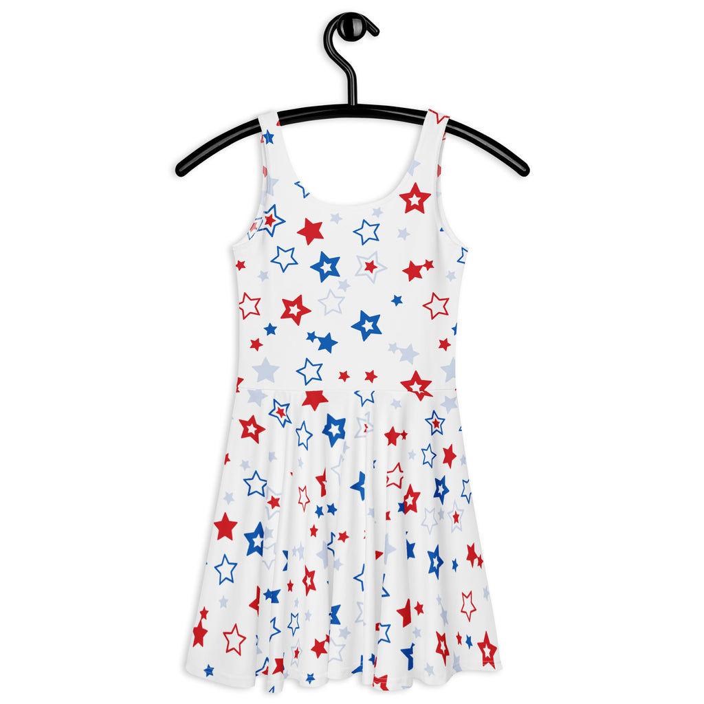 White sleeveless flared skater dress with red blue and silver stars buttery soft fabric and upf 50 plus protection