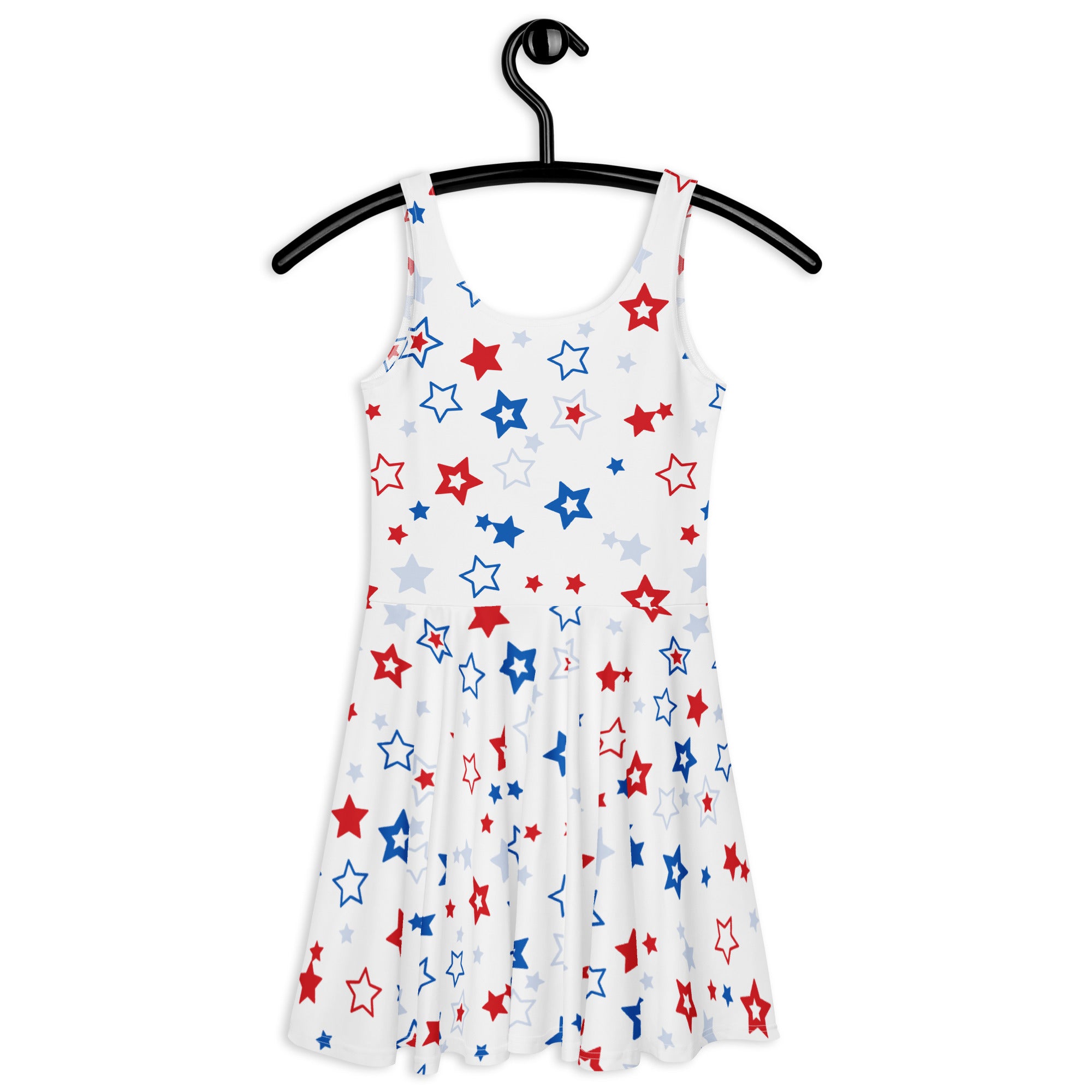 White sleeveless flared skater dress with red blue and silver stars buttery soft fabric and upf 50 plus protection