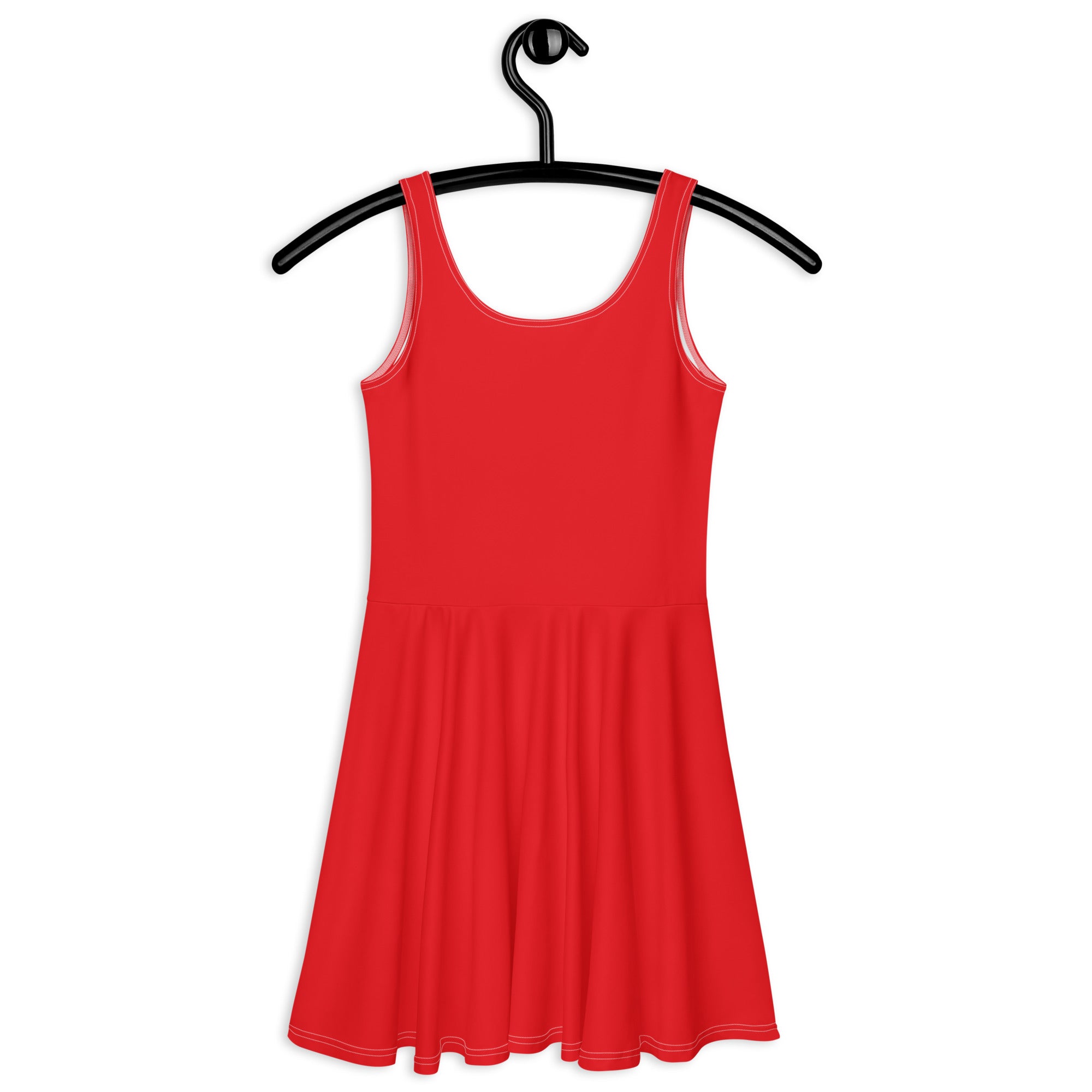 A vibrant red sleeveless buttery soft skater dress with a scoop neckline and subtle hem stitching with UPF 50+ protection