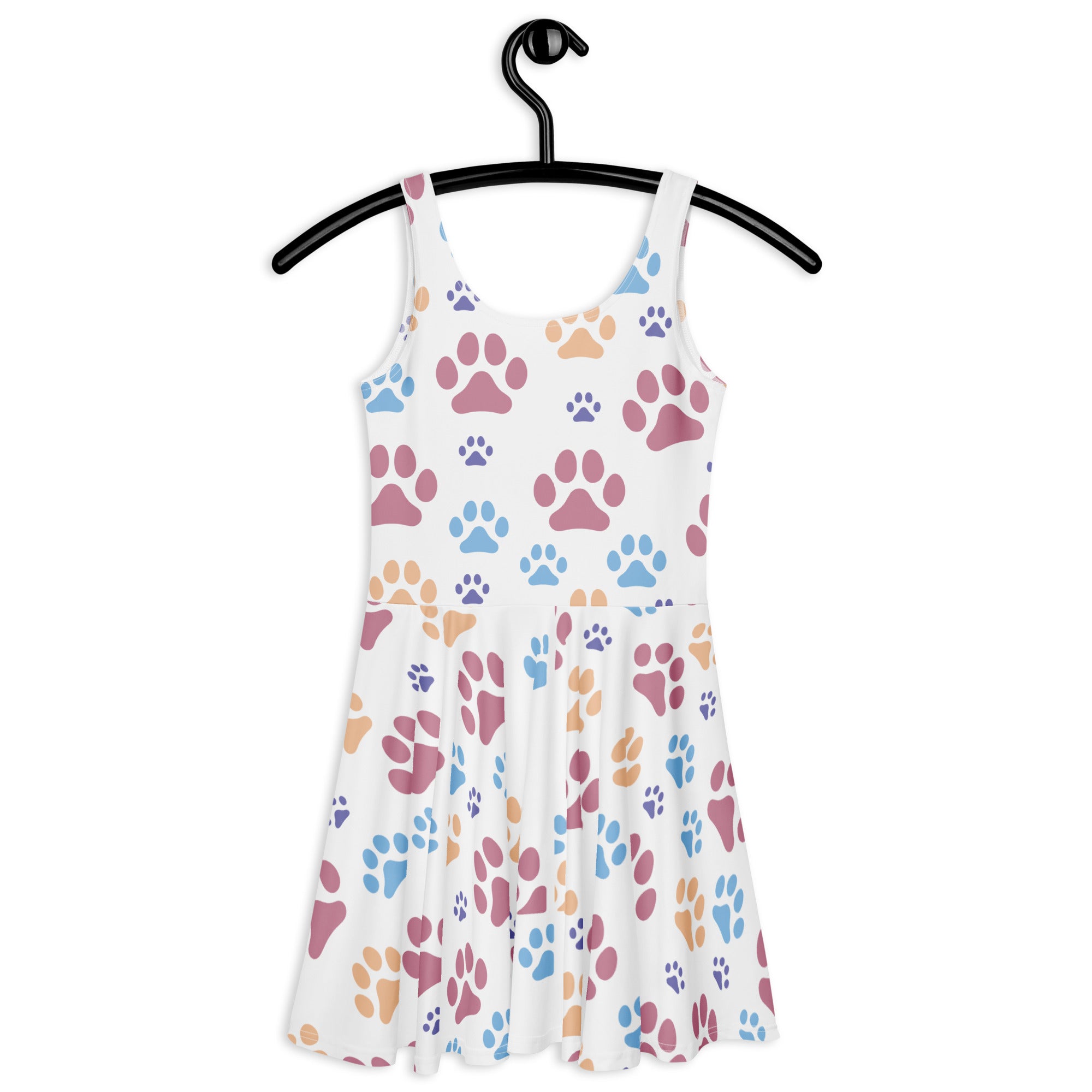 White sleeveless womens skater dress with colorful paw print pattern buttery soft fabric and upf 50 plus protection