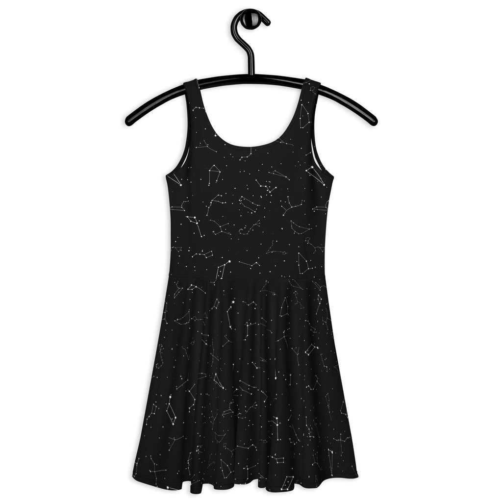 Black sleeveless buttery soft skater dress with white constellation patterns and UPF 50 plus sun protection