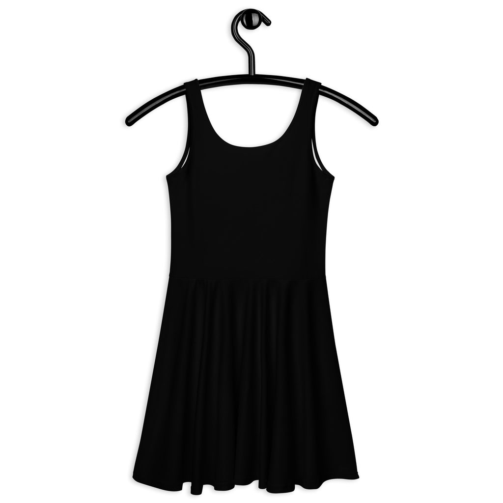 Women’s black buttery soft skater dress with upf 50 plus sleeveless flared skirt and scoop neckline on black hanger
