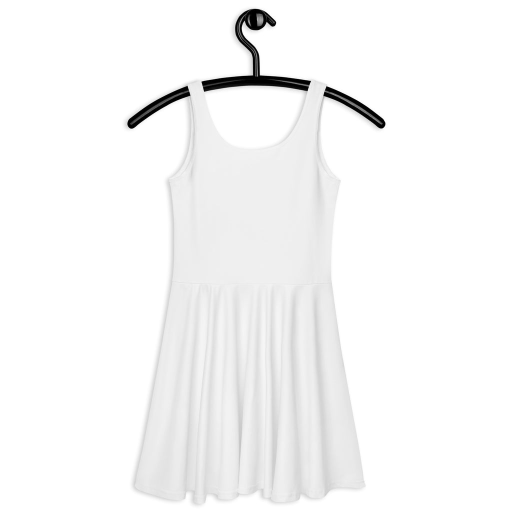 White buttery soft sleeveless flared skater dress with upf 50 plus hanging on black hanger