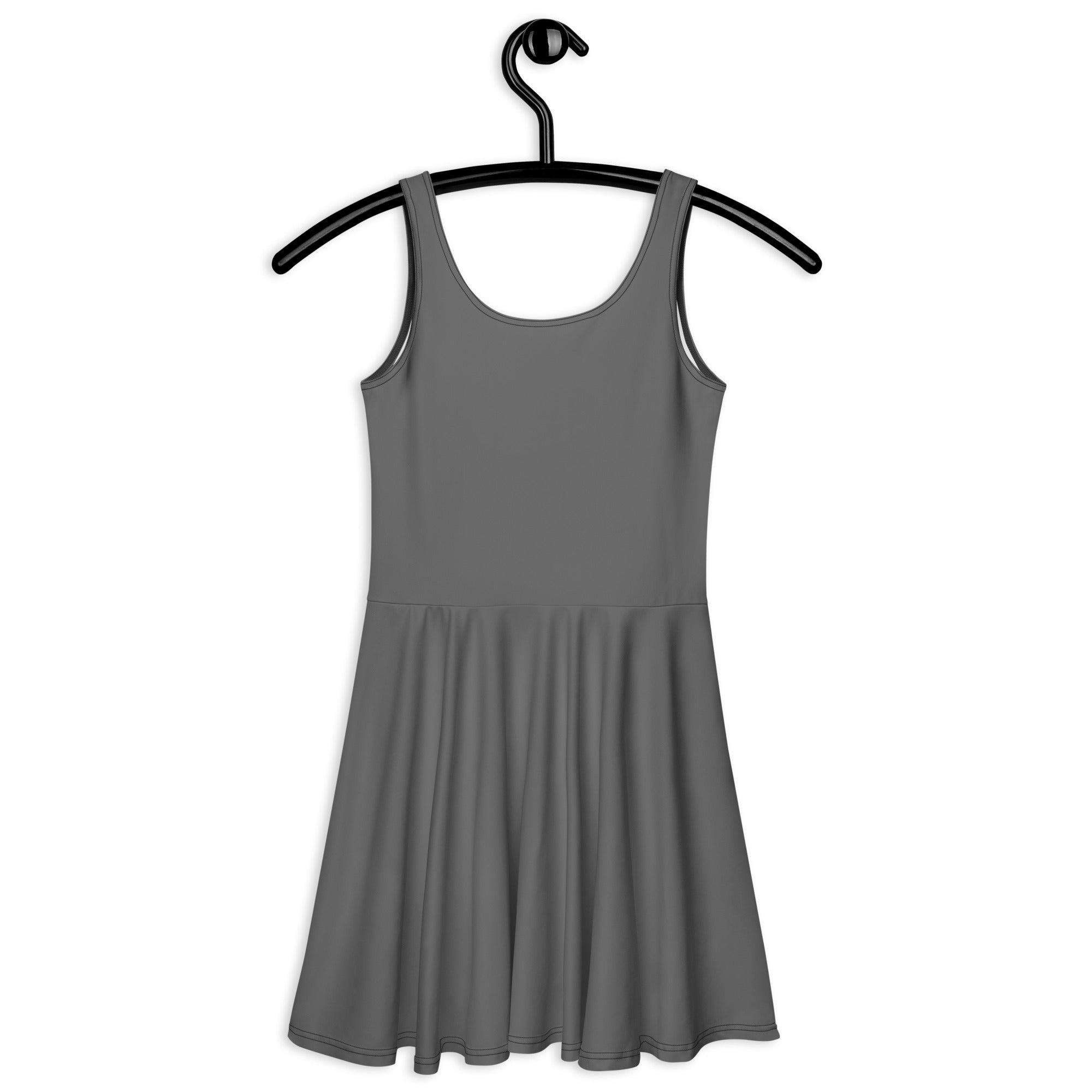Women’s grey buttery soft sleeveless skater dress with upf 50 plus featuring scoop neckline and pleated skirt