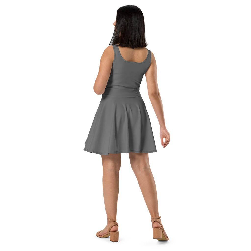 Women’s grey sleeveless buttery soft skater dress with fitted bodice flared skirt and UPF 50+ sun protection