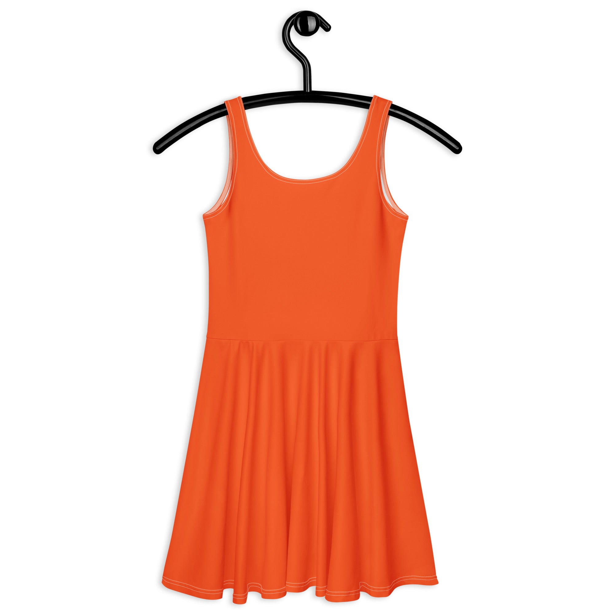 A vibrant orange sleeveless skater dress with buttery soft fabric scoop neckline and upf 50 plus protection