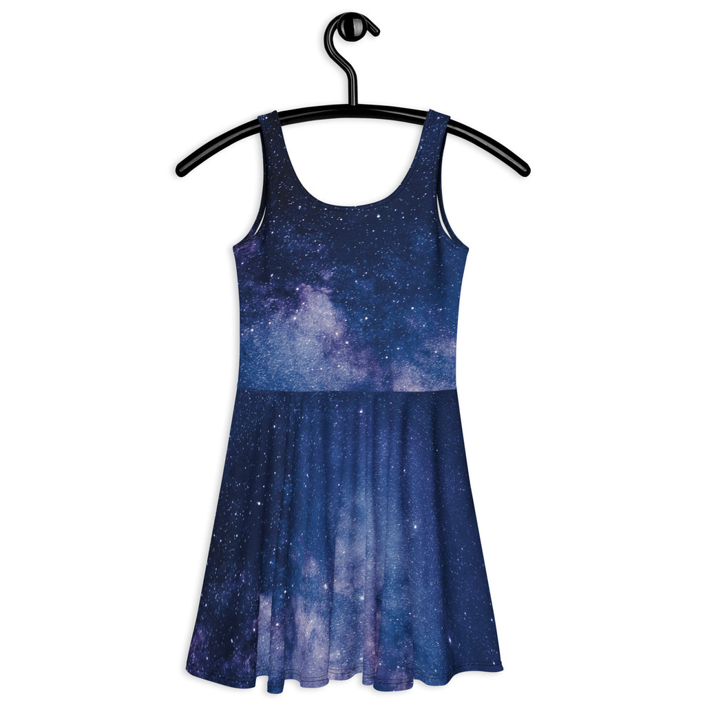 A navy blue and purple galaxy-themed sleeveless skater dress with a flared skirt made of buttery soft fabric with upf 50+
