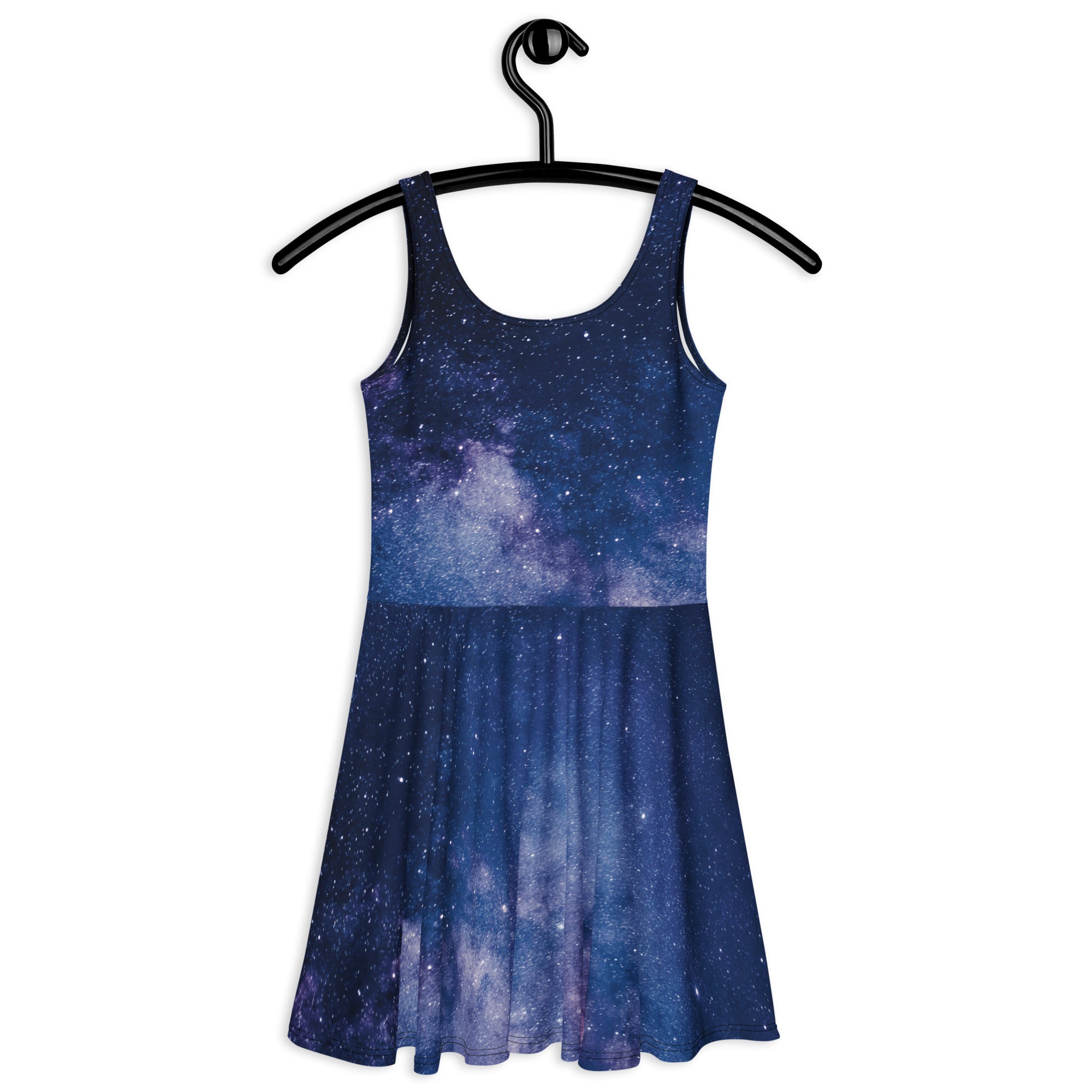 A navy blue and purple galaxy-themed sleeveless skater dress with a flared skirt made of buttery soft fabric with upf 50+