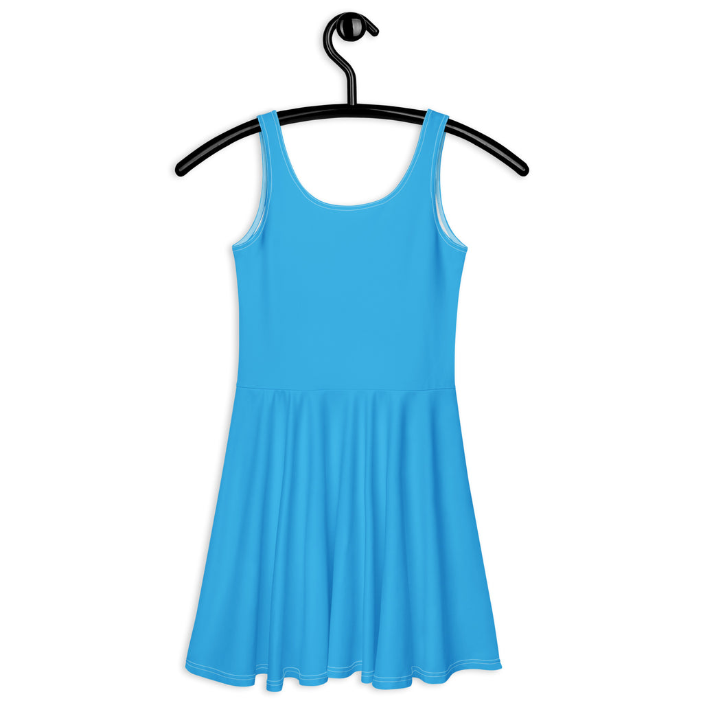 A vibrant sky blue sleeveless skater dress with a fitted bodice flared skirt made of buttery soft fabric with UPF 50+