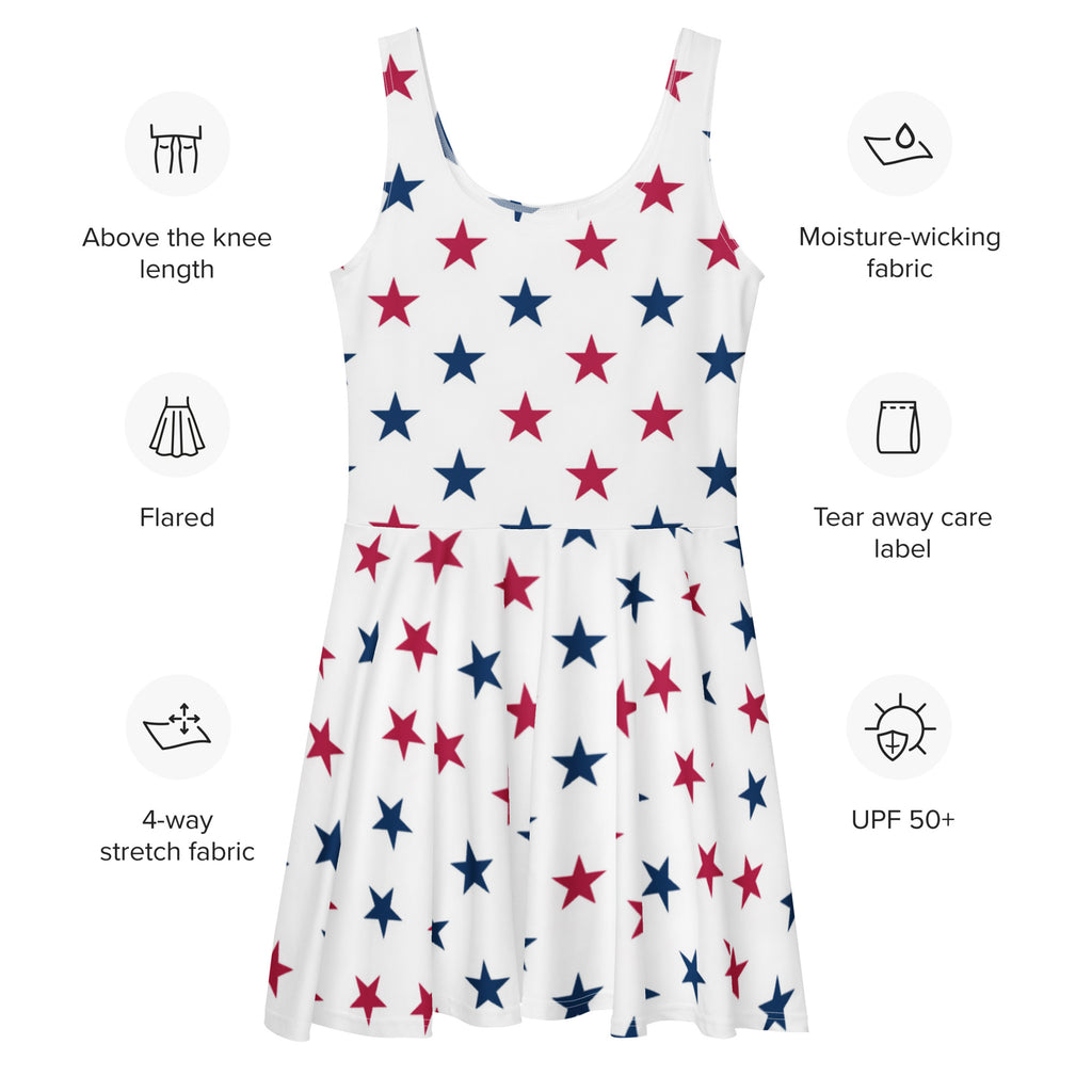 White sleeveless skater dress with red and blue stars on moisture-wicking 4-way stretch fabric with upf 50+