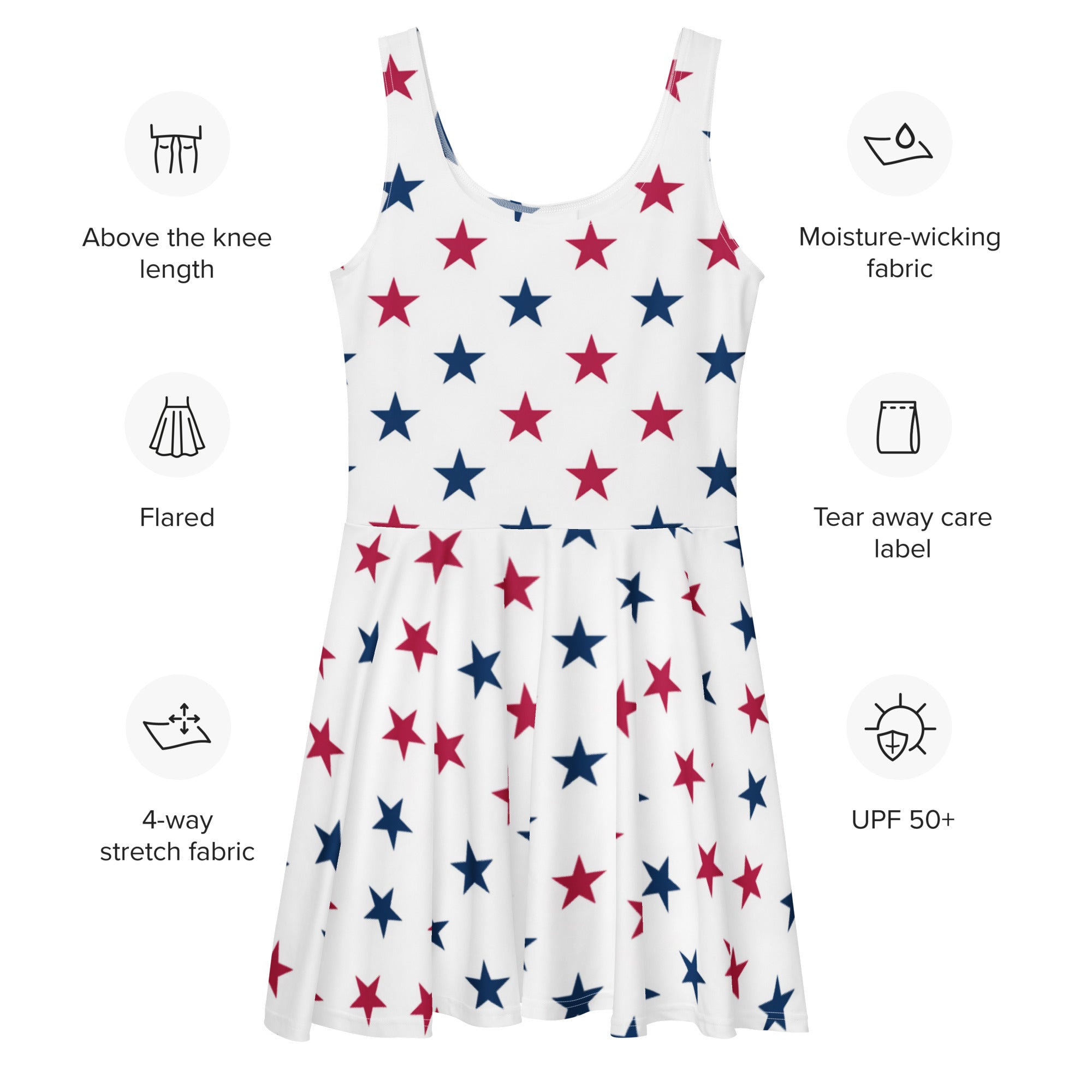 White sleeveless skater dress with red and blue stars on moisture-wicking 4-way stretch fabric with upf 50+