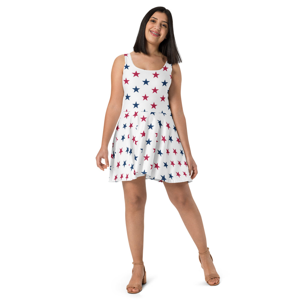 Women’s sleeveless white skater dress with red and blue stars buttery soft fabric and UPF 50 plus protection