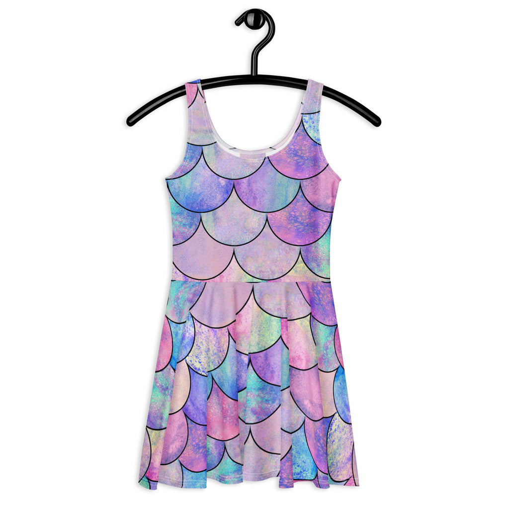 Women’s pastel mermaid sleeveless skater dress with buttery soft fabric and upf 50 plus in pink purple and blue hues