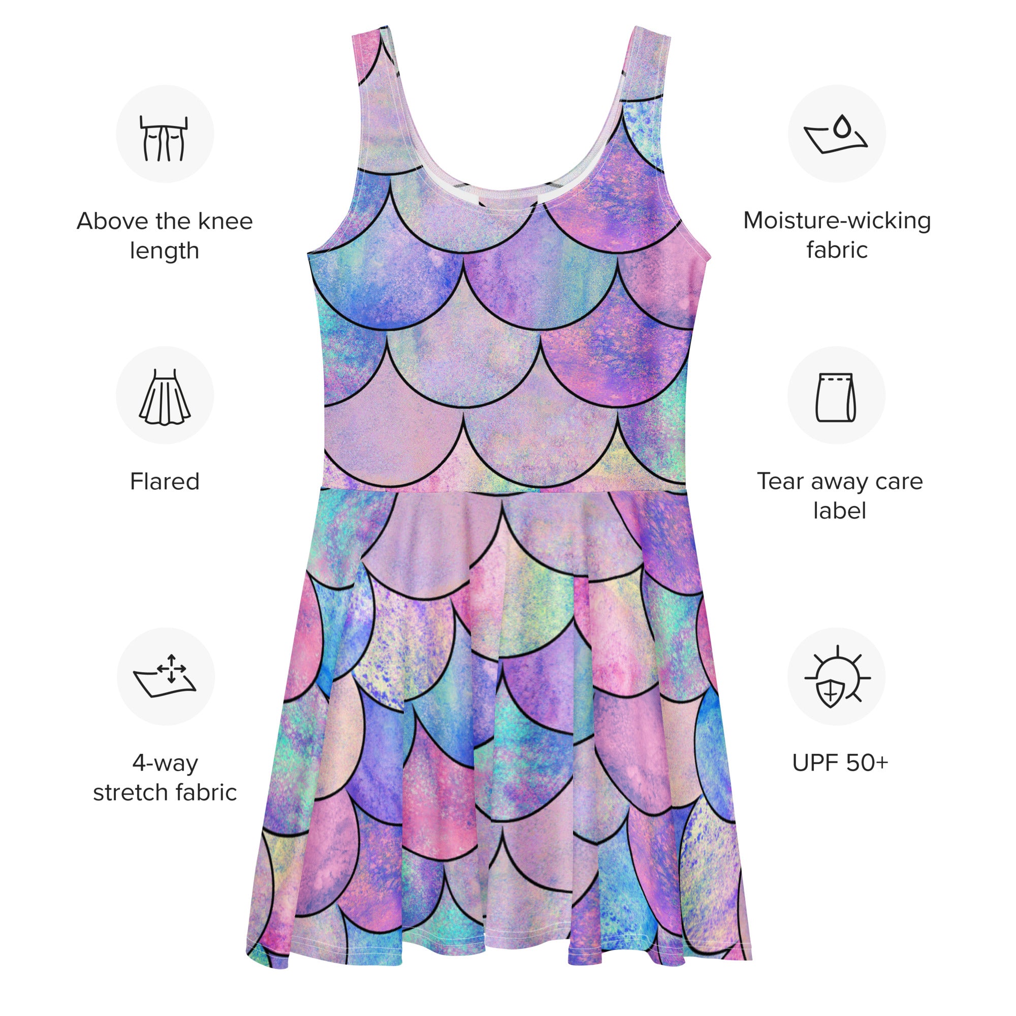 Women’s pastel mermaid skater dress in purple pink blue with moisture-wicking 4-way stretch fabric and upf 50+ protection