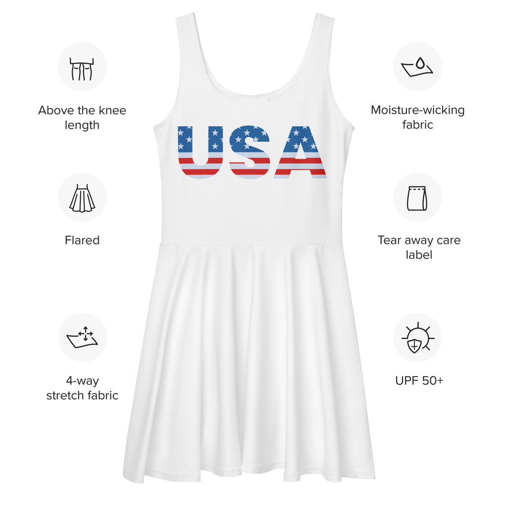 Women’s white usa-themed buttery soft flared tank dress with red white and blue flag lettering and upf 50 plus protection