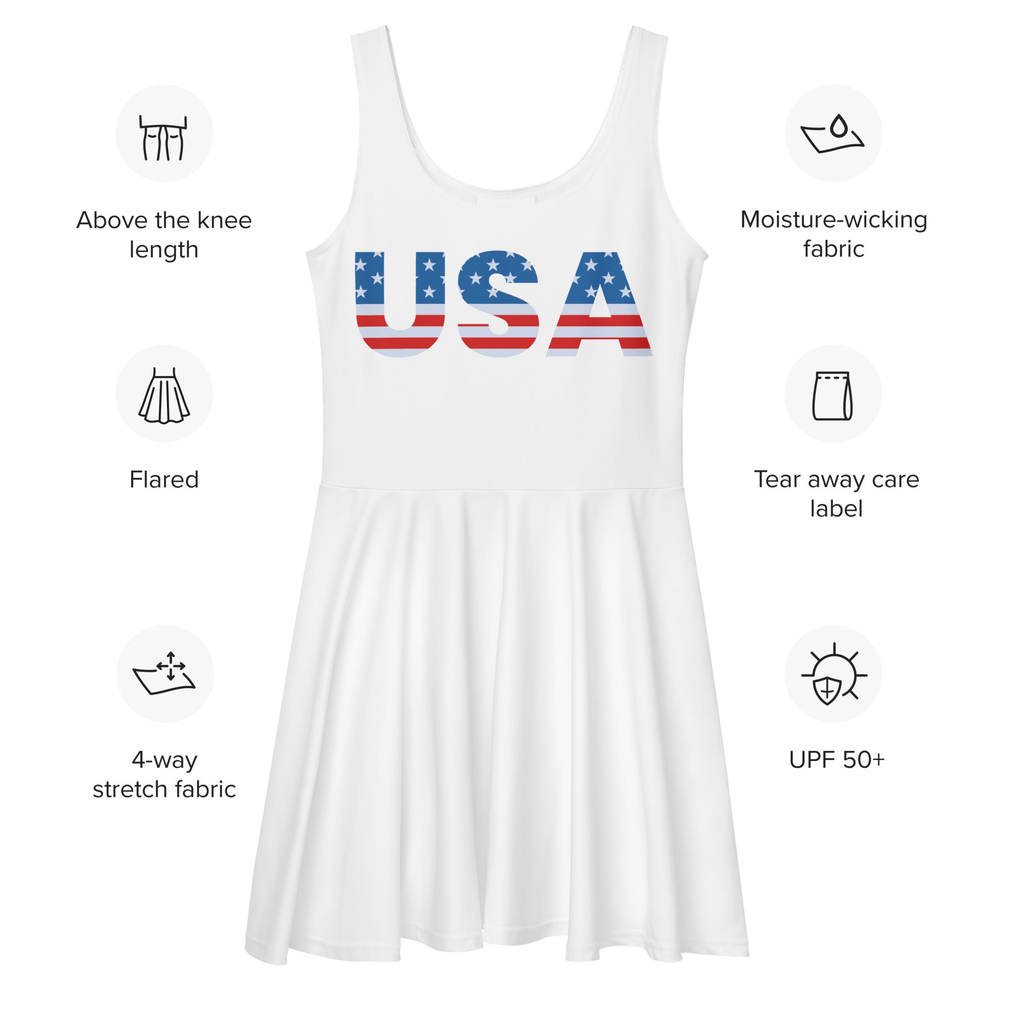 Women’s white usa-themed buttery soft flared tank dress with red white and blue flag lettering and upf 50 plus protection