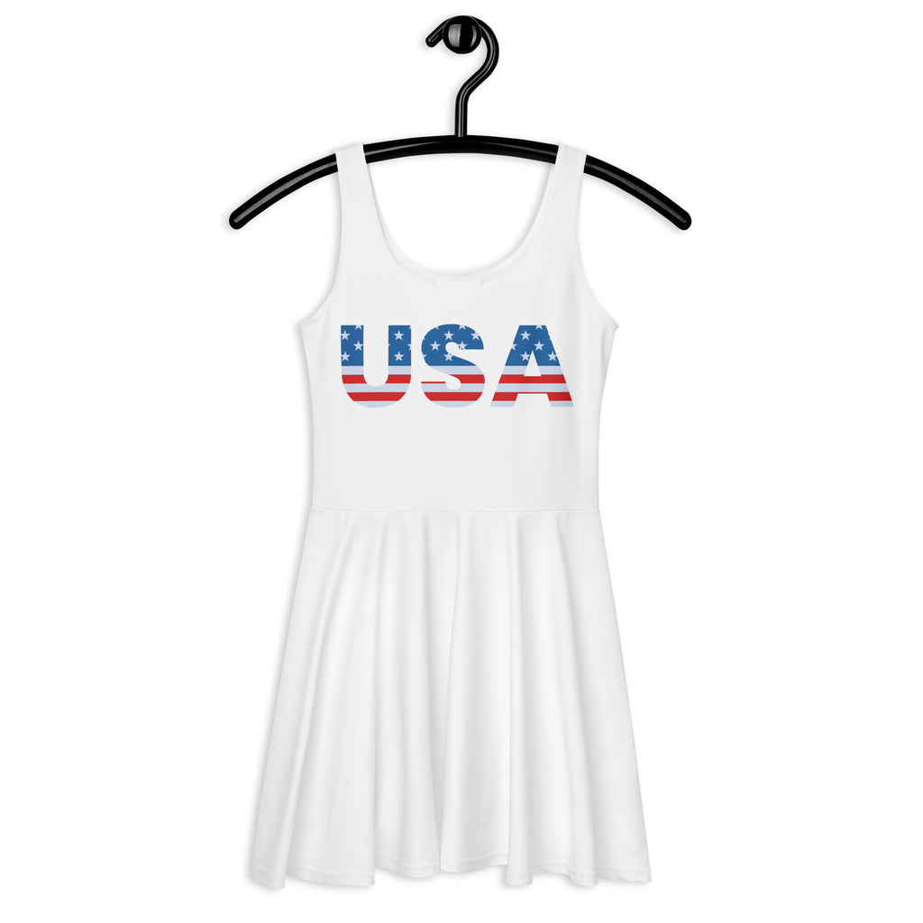 White sleeveless buttery soft skater dress with usa flag print and upf 50 plus for women