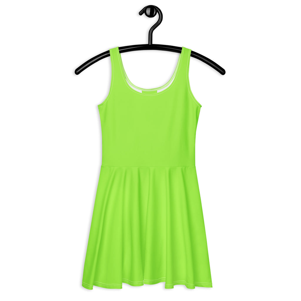 A vibrant lime green sleeveless buttery soft skater dress with fitted bodice and flared skirt hanging on black hanger