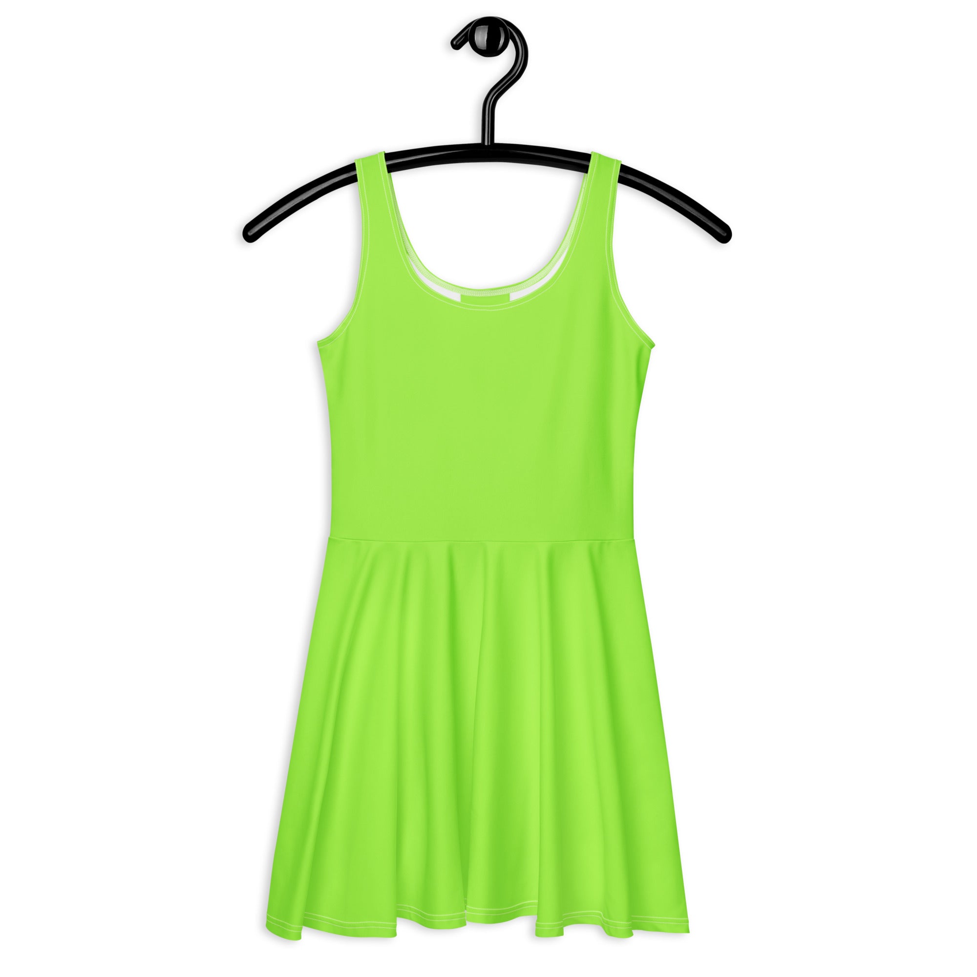A vibrant lime green sleeveless buttery soft skater dress with fitted bodice and flared skirt hanging on black hanger