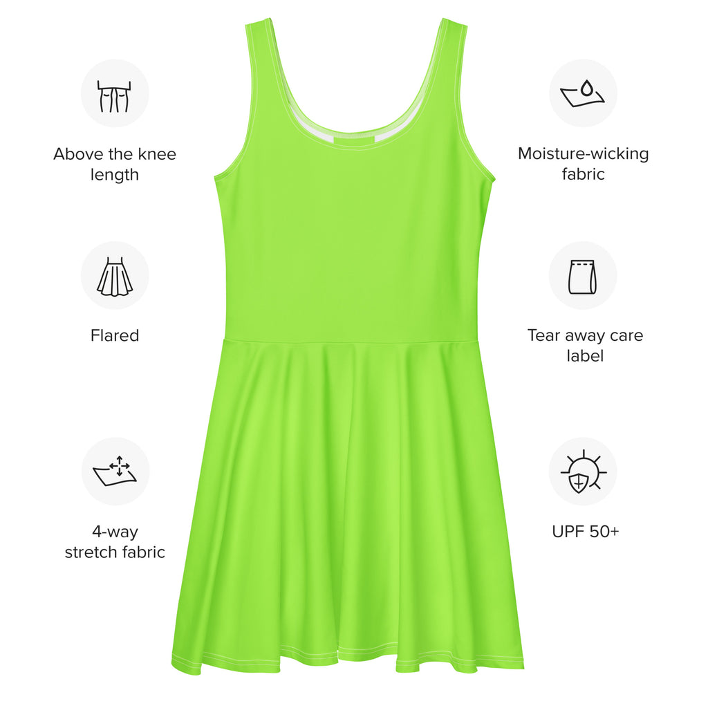 A vibrant lime green sleeveless skater dress made of buttery soft moisture-wicking 4-way stretch fabric with UPF 50+