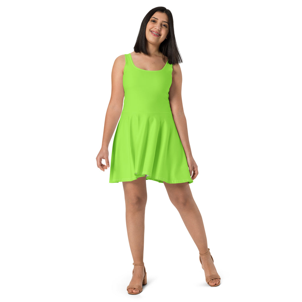 A vibrant lime green buttery soft sleeveless skater dress with a square neckline and UPF 50 plus protection