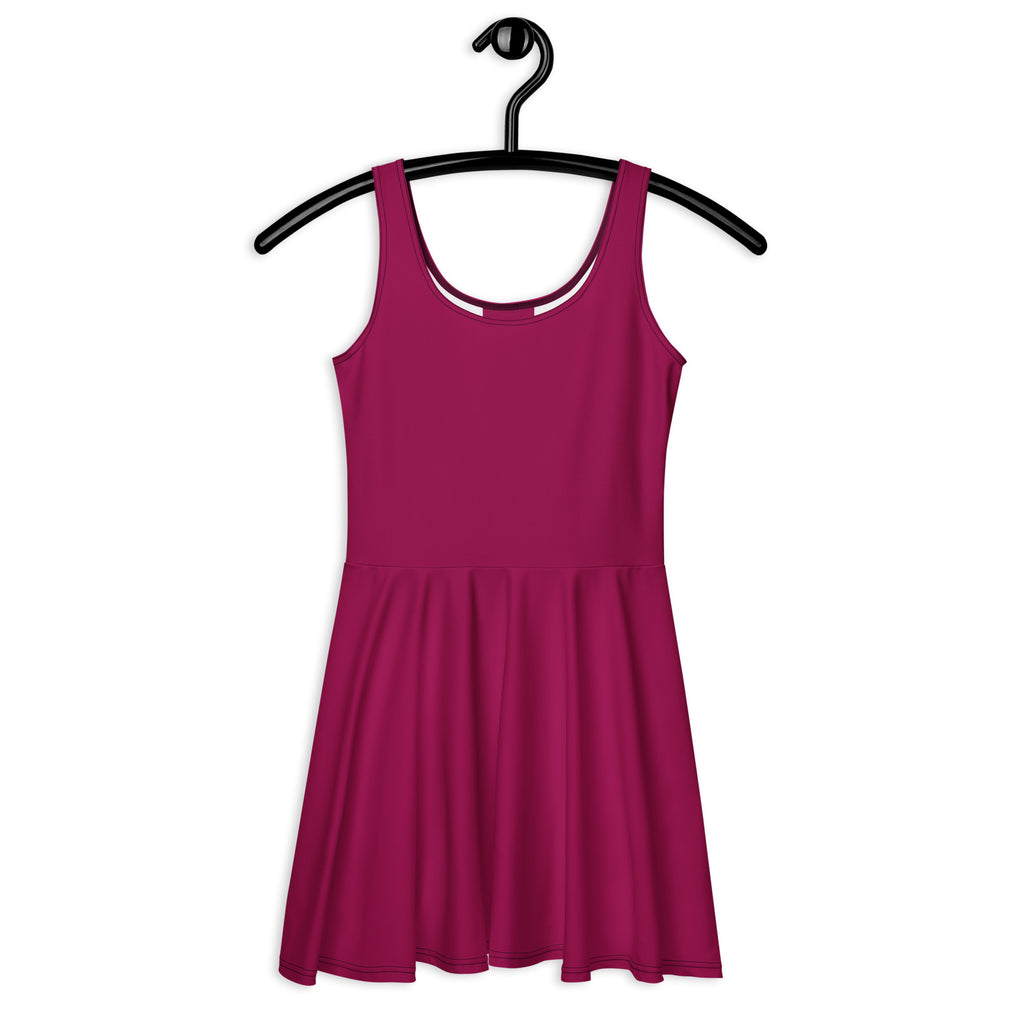 A vibrant berry purple sleeveless buttery soft skater dress with fitted bodice and UPF 50 plus protection hanging on a hanger