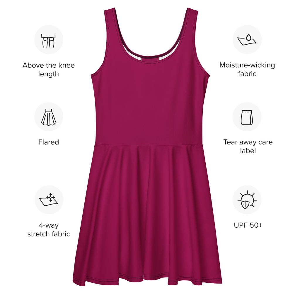 A vibrant berry purple buttery soft skater dress with upf 50 plus made from 4 way stretch moisture wicking fabric