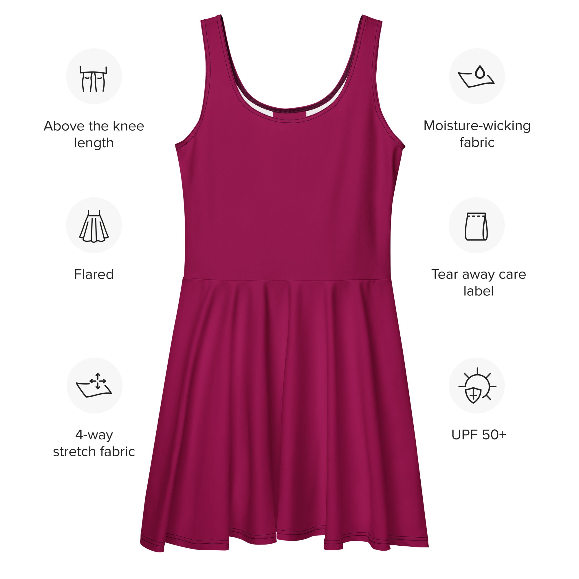 A vibrant berry purple buttery soft skater dress with upf 50 plus made from 4 way stretch moisture wicking fabric