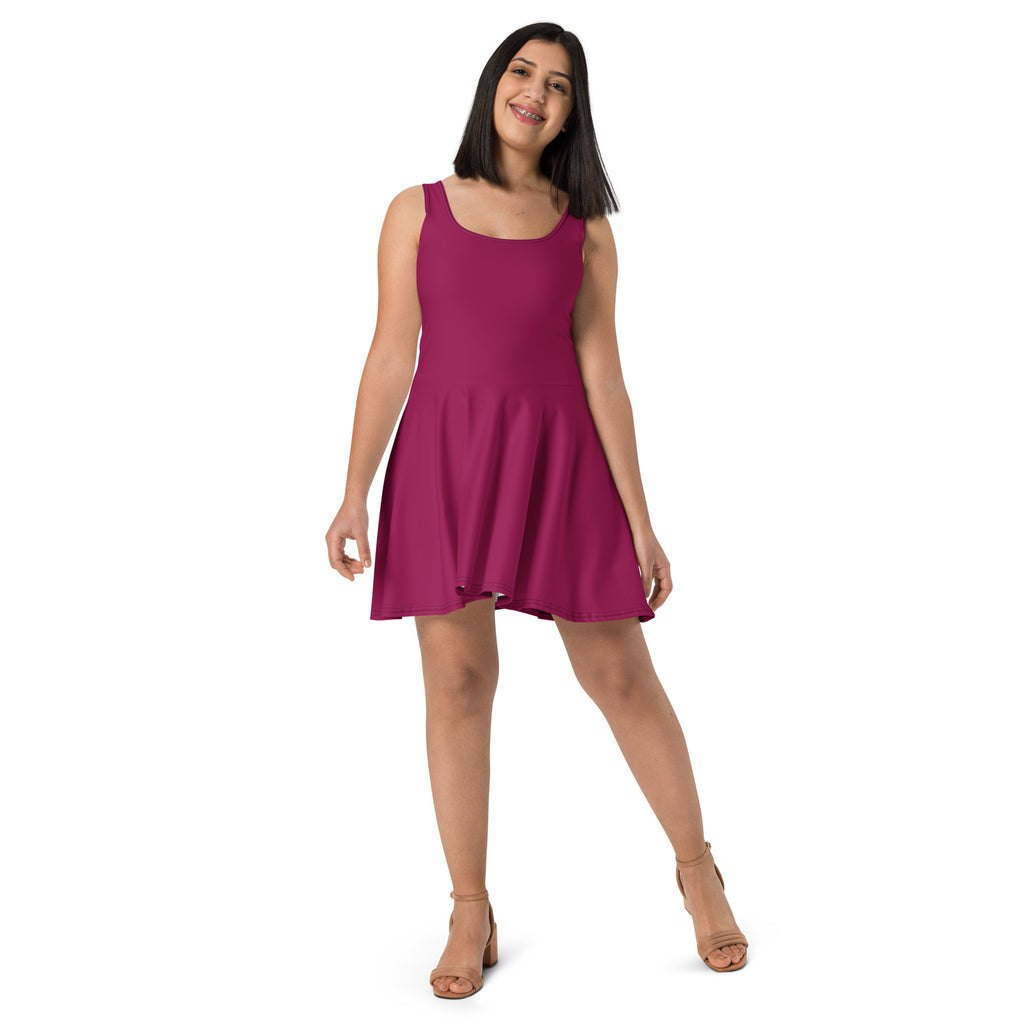Women’s berry purple sleeveless flared mini skater dress with square neckline and buttery soft fabric with UPF 50+