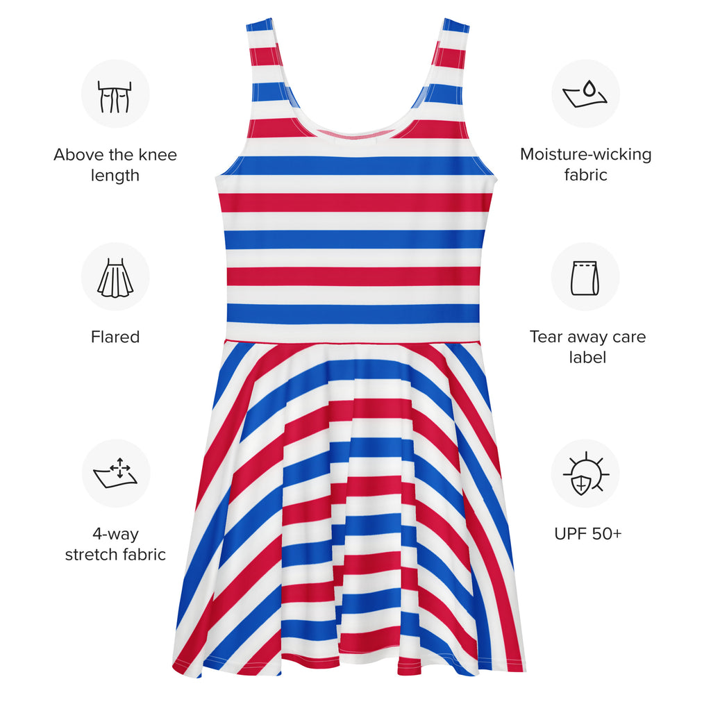 Women's Red White & Blue Striped Buttery Soft Skater Dress With UPF 50+