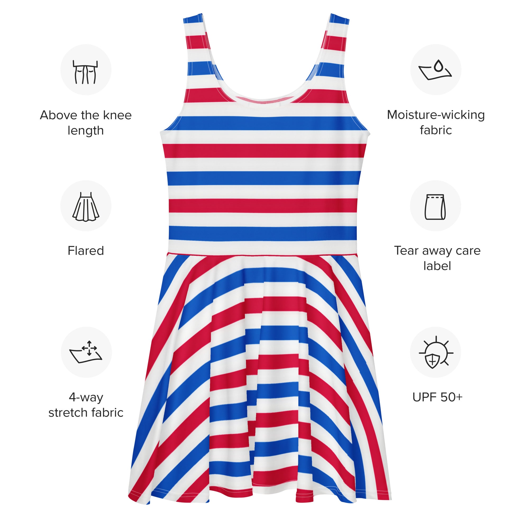 Women's Red White & Blue Striped Buttery Soft Skater Dress With UPF 50+