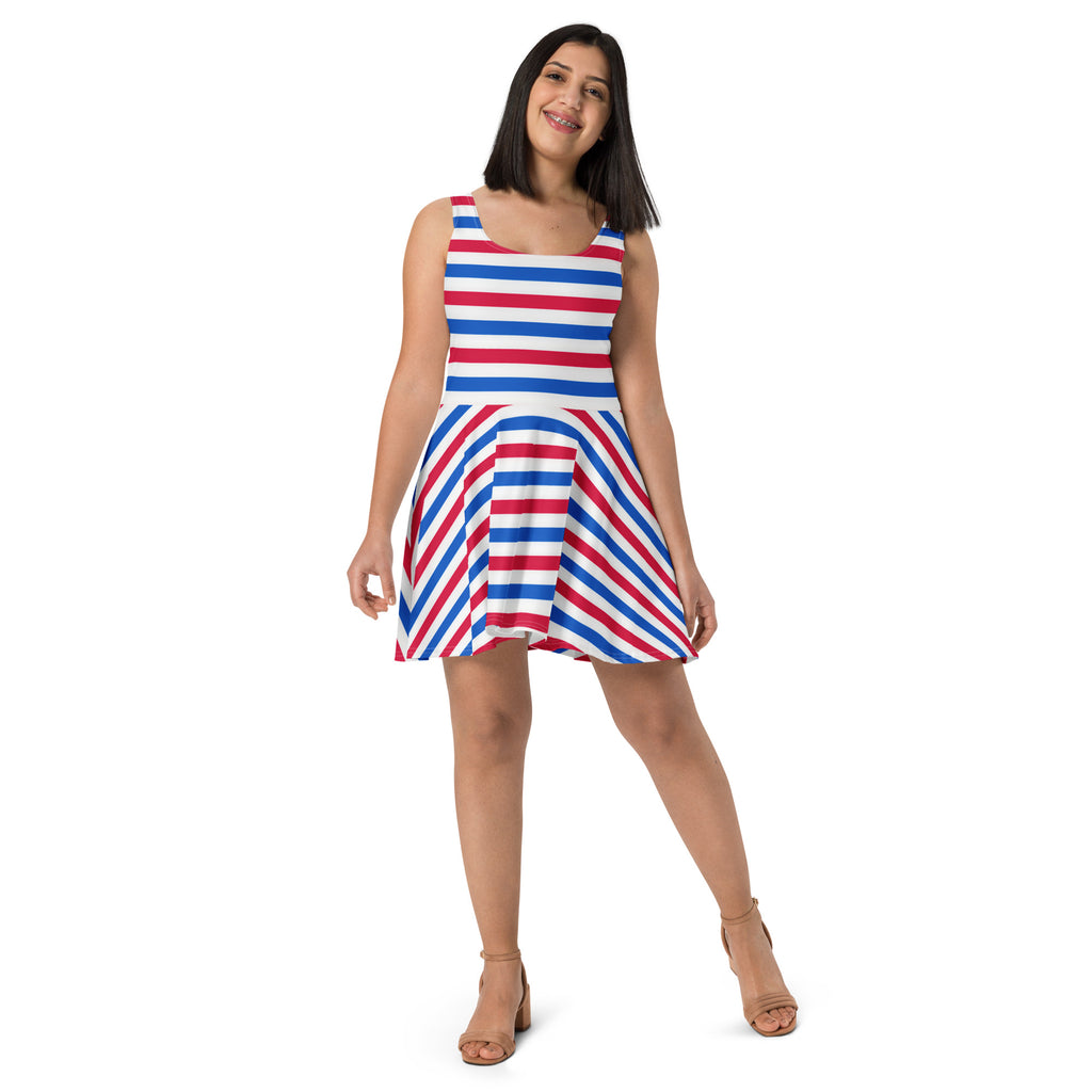 Women's Red White & Blue Striped Buttery Soft Skater Dress With UPF 50+