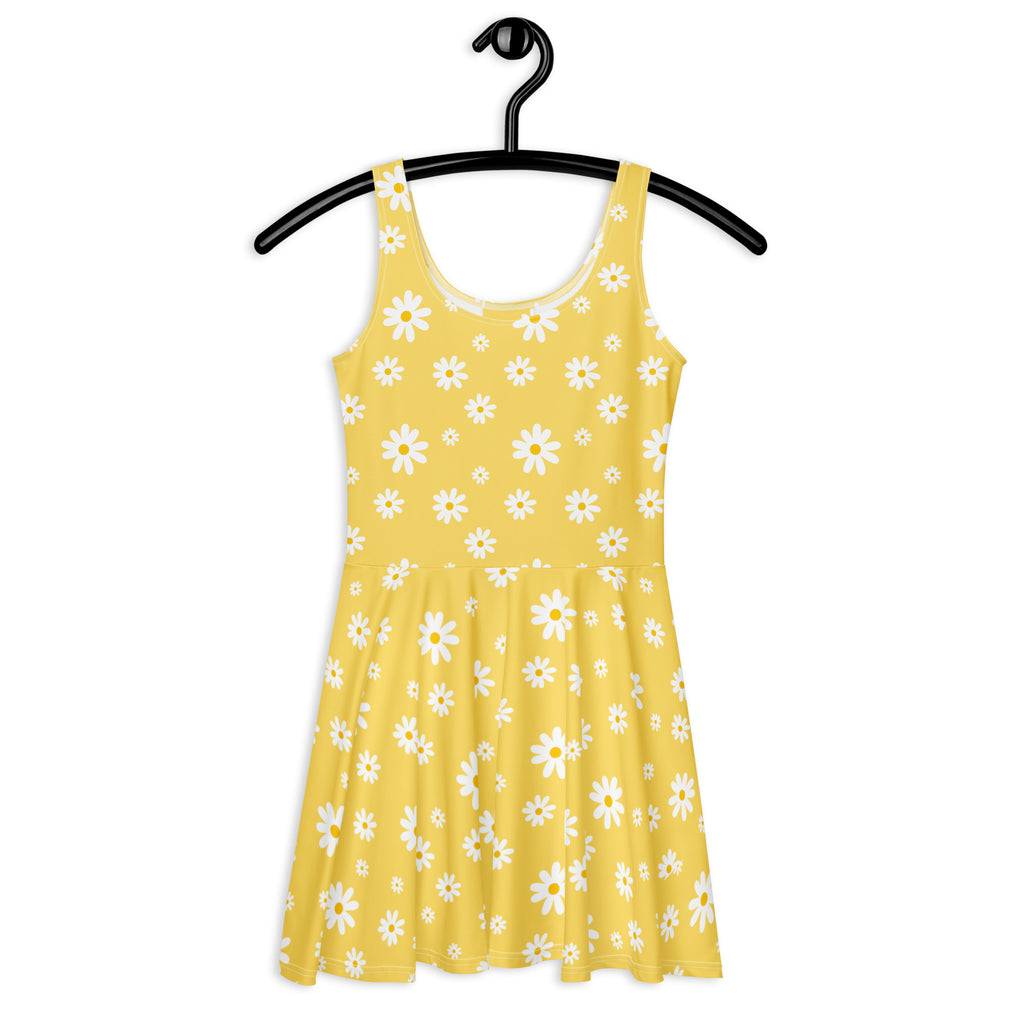 Women yellow daisy buttery soft skater dress with sleeveless flared skirt scoop neckline and UPF 50 plus protection