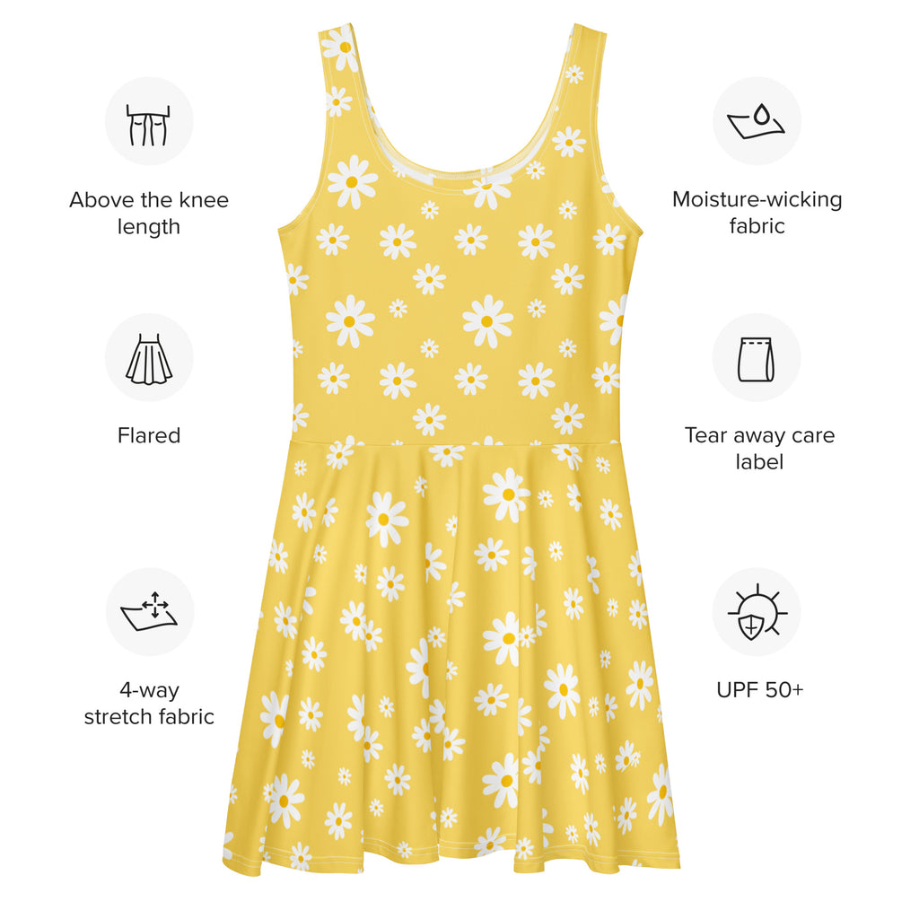 Women’s yellow sleeveless flared skater dress with white daisy print 4-way stretch moisture-wicking fabric upf 50+